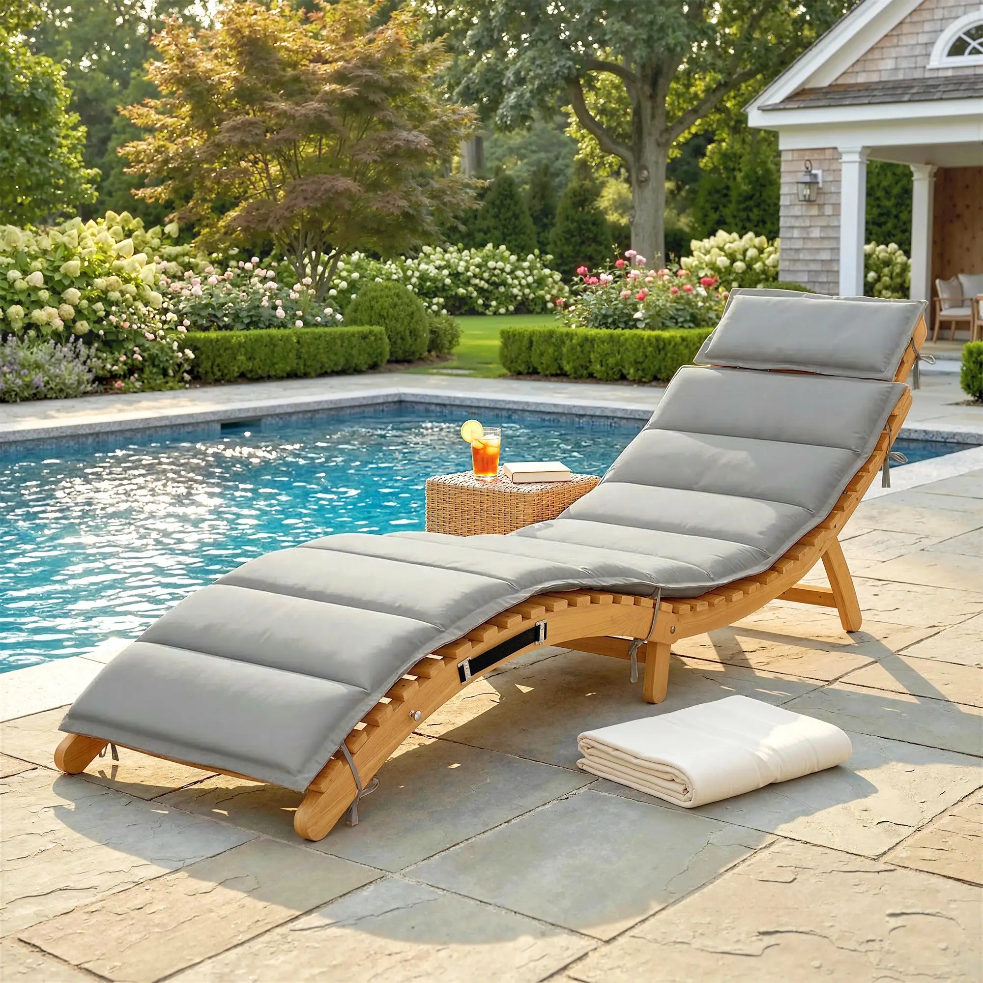 Folding Acacia Wood Chaise Lounge Chair with Cushion, Light Grey Lounger Chairs at Gallery Canada