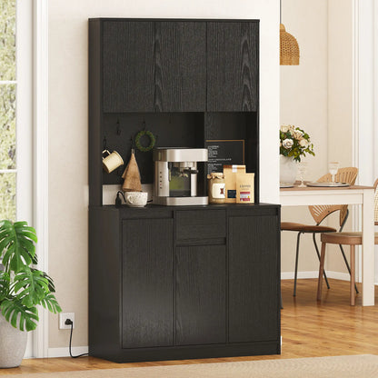 71 Inch Pantry Cabinet with Charging Station, Microwave Stand, Black Kitchen Pantry Cabinets at Gallery Canada