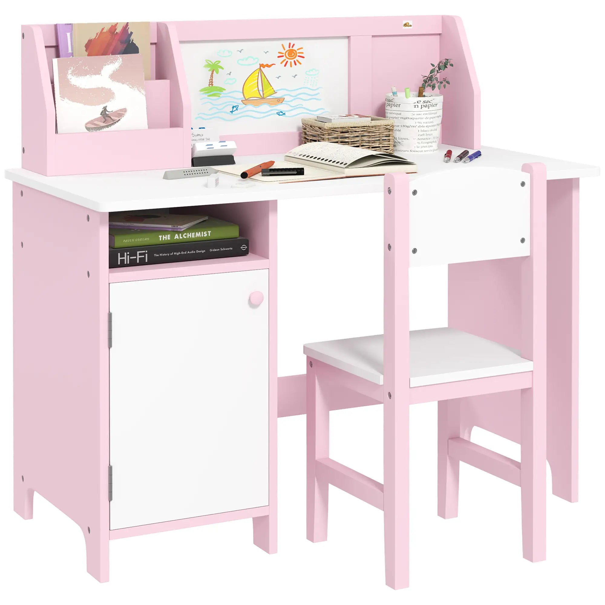 Kids Desk and Chair Set, 2Pcs, Whiteboard, Storage, Shelves, Pink Kids Table Sets White, Pink at Gallery Canada