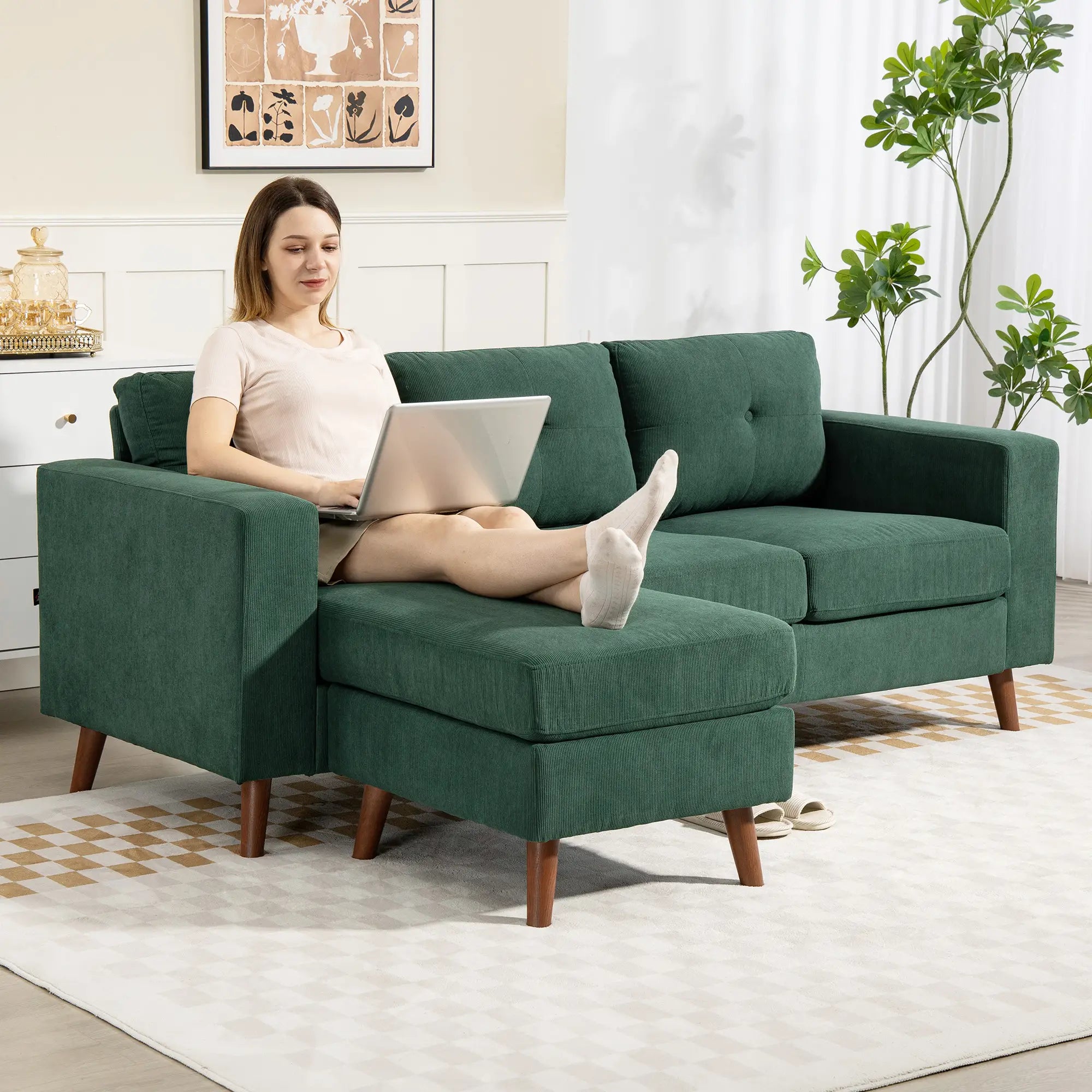 Sectional Sofa with Changeable Chaise, 3 Seat L-Shaped, Dark Green 3-Seater Sofas at Gallery Canada