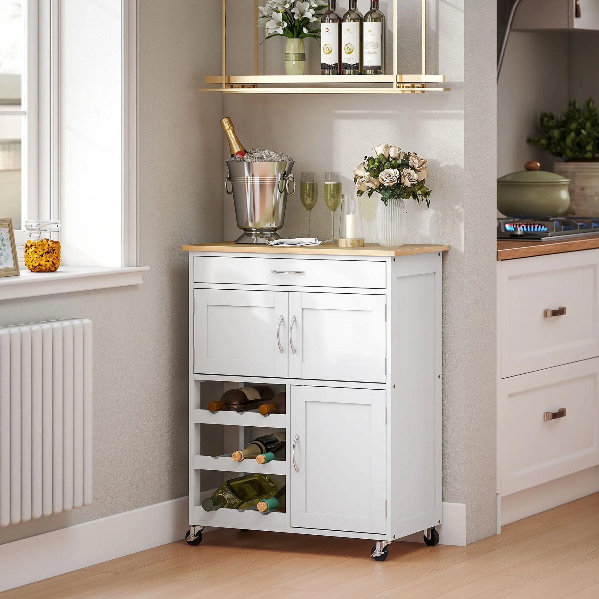Rolling Kitchen Cart, Island with Storage Drawer, 9-Bottle Wine Rack, White Kitchen Islands & Kitchen Carts at Gallery Canada