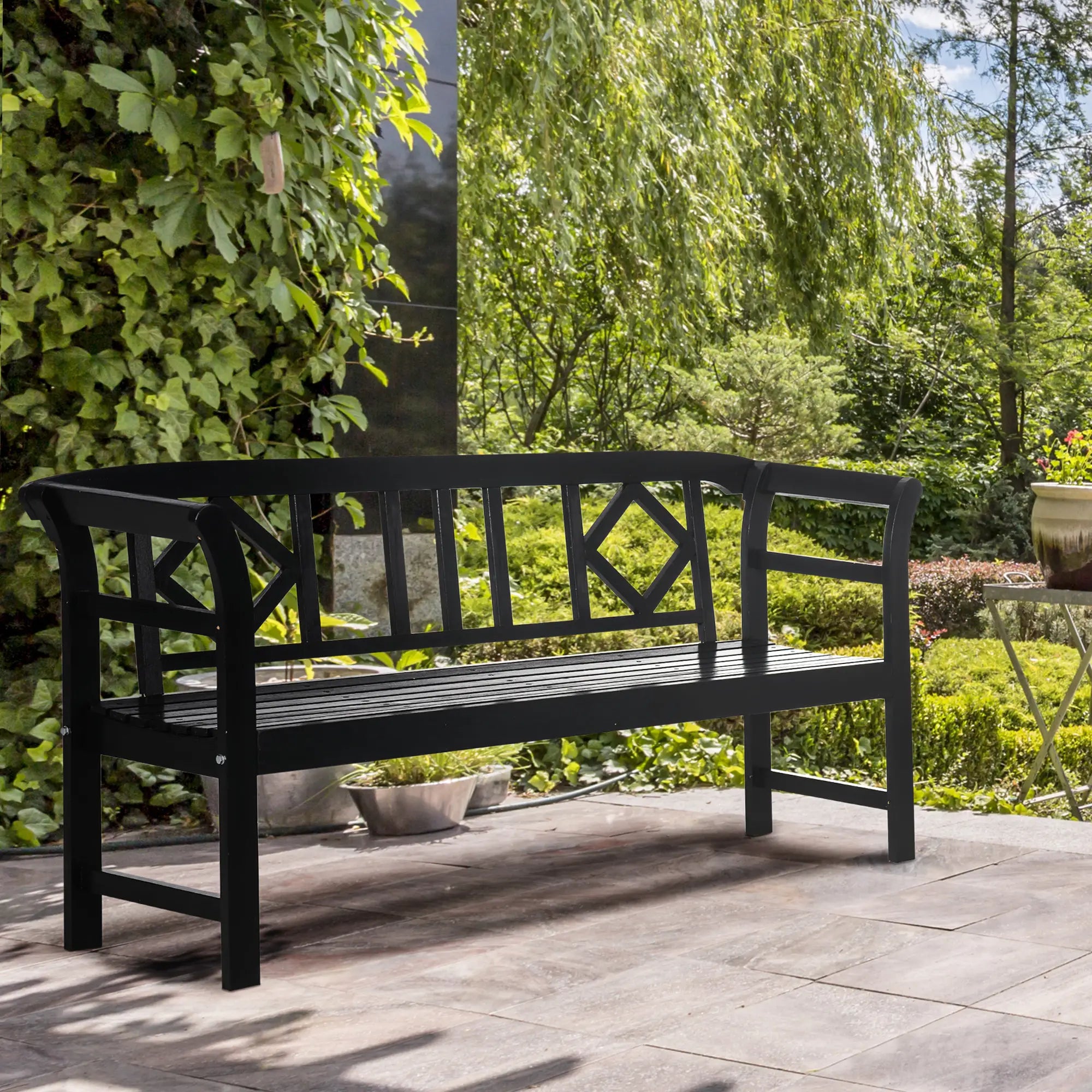 Wooden Outdoor Bench, 3 Person, Diamond Backrest, Slatted Seat, 792 LBS, Black Outdoor Benches at Gallery Canada