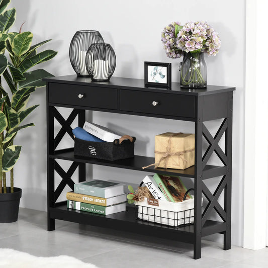 39" Narrow Console Table, Storage Shelves, Drawers, X Frame, Black Console Tables Black at Gallery Canada