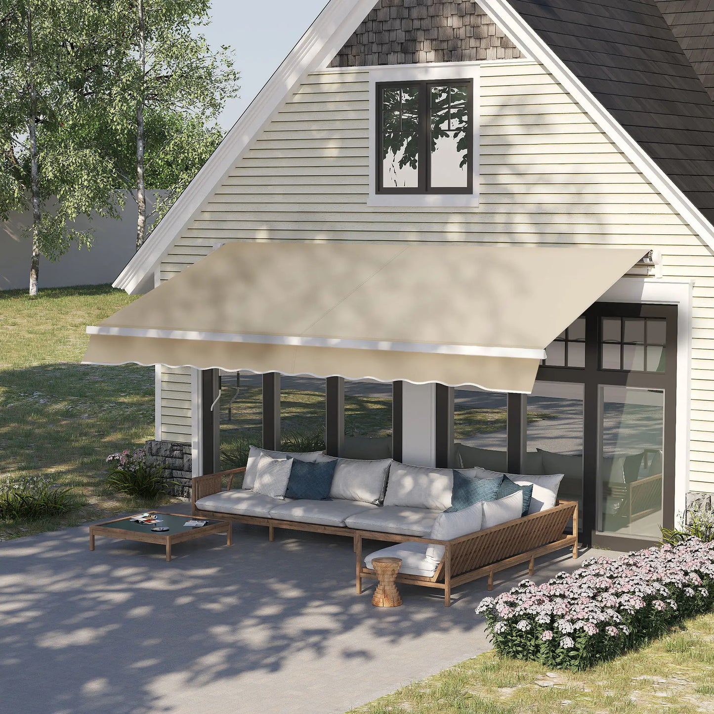 12' x 8' Retractable Patio Awning, Manual Crank Handle, UV Water-Resistant, Cream Patio Awnings at Gallery Canada