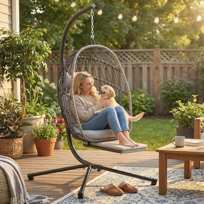 Outdoor Hanging Egg Chair, Retractable Footrest, Metal Stand, Light Grey Patio Swings with Stand at Gallery Canada