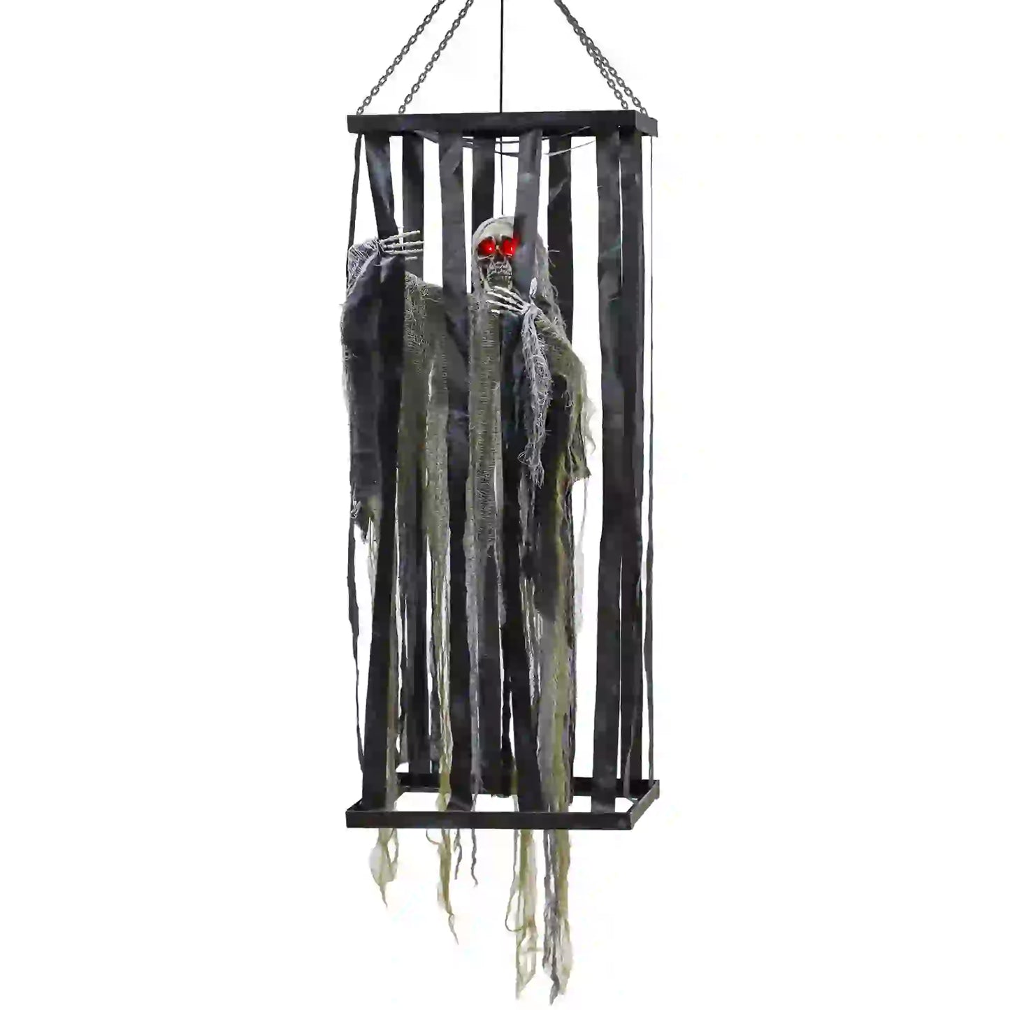 Animatronics Hanging Skeleton Reaper in Cage, Voice-Activated, Flashing Eyes Halloween Decorations Grey Green at Gallery Canada