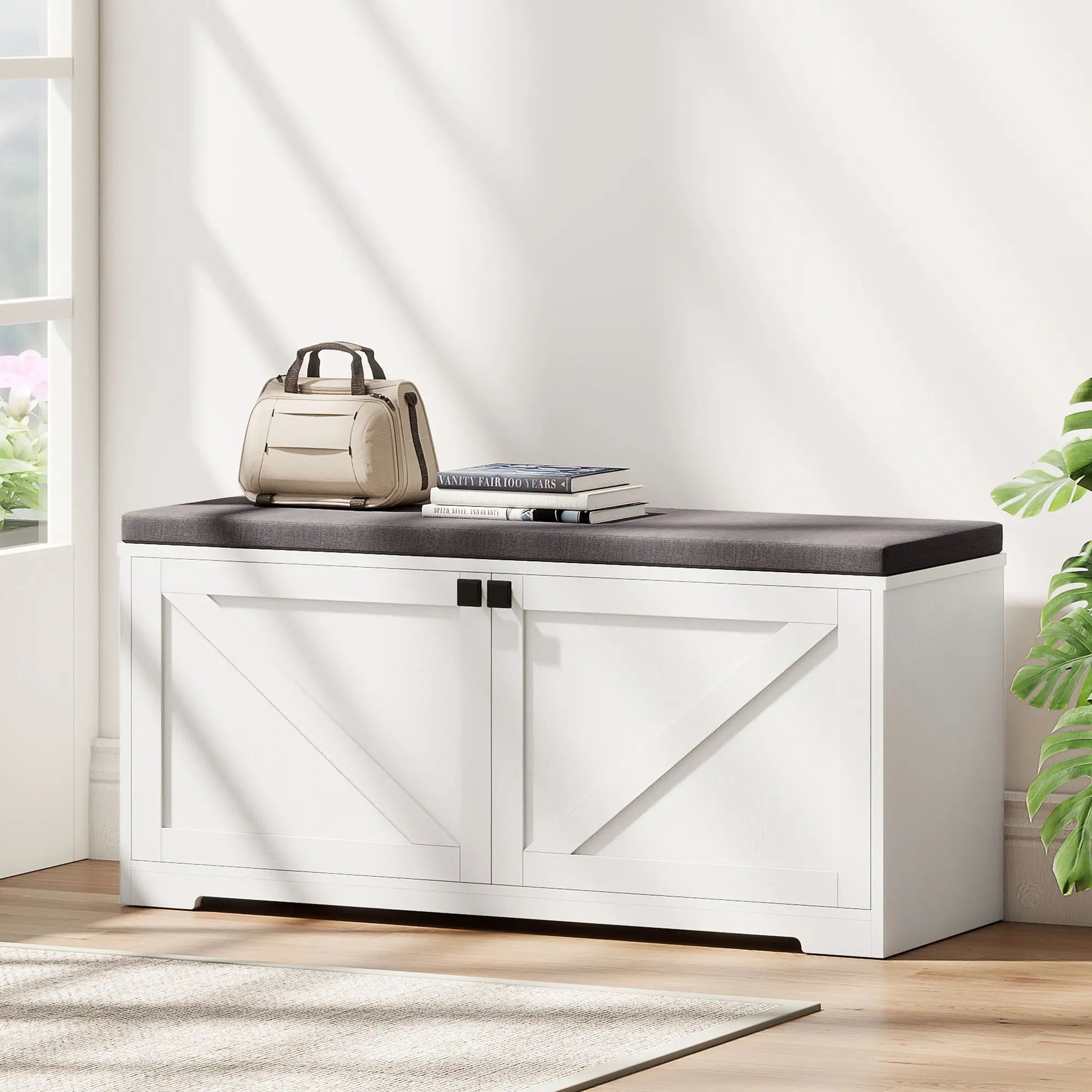 Shoe Storage Bench with Padded Seat, 8 Pairs, White Wood Grain, White Shoe Storage Cabinets & Racks at Gallery Canada