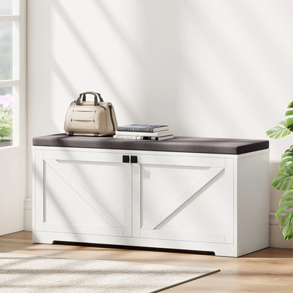 Shoe Storage Bench with Padded Seat, 8 Pairs, White Wood Grain, White Shoe Storage Cabinets & Racks at Gallery Canada