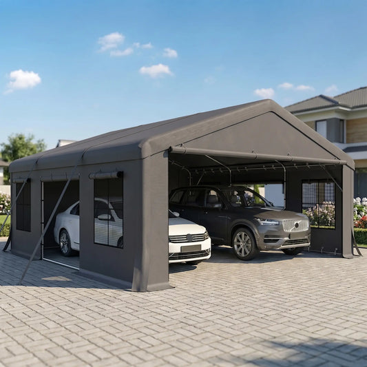 20' x 20' Heavy Duty Carport, Portable Garage Canopy Tent, Dark Grey Car Shelters Dark Grey at Gallery Canada