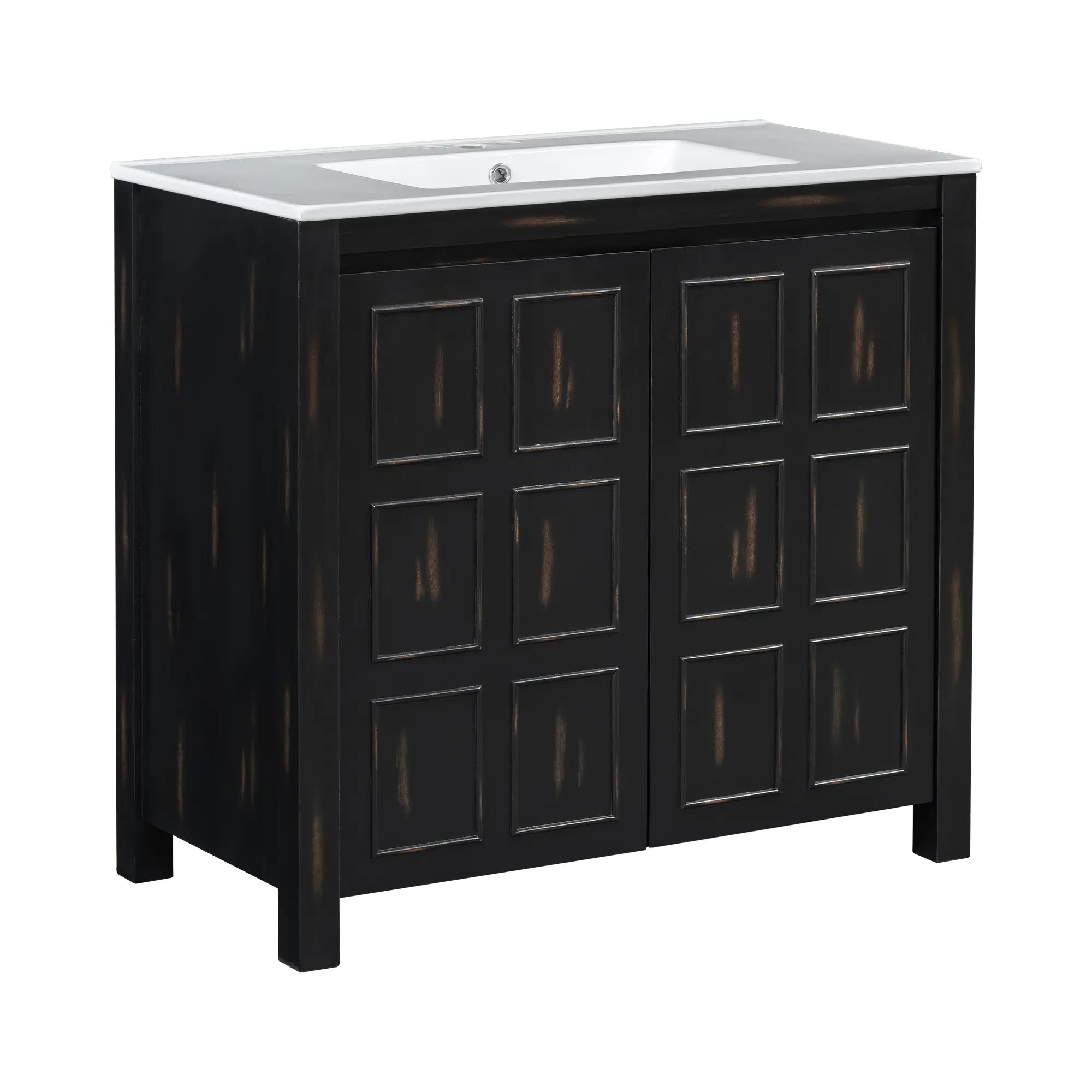 Solid Wood Bathroom Vanity, Ceramic Sink, Storage Cabinet, 36