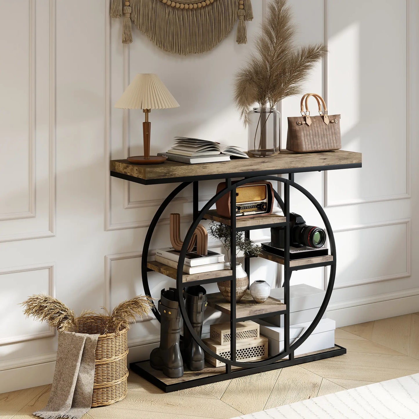 39.4" Console Table With Storage Shelves, Rustic Brown