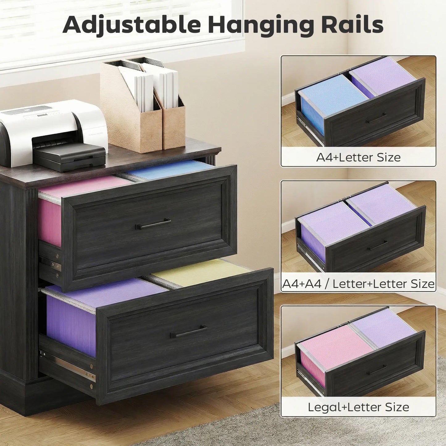 Lateral Filing Cabinet, 2 Silent Drawers, Letter A4 Legal Size, Black Office Cabinets & Cupboards at Gallery Canada