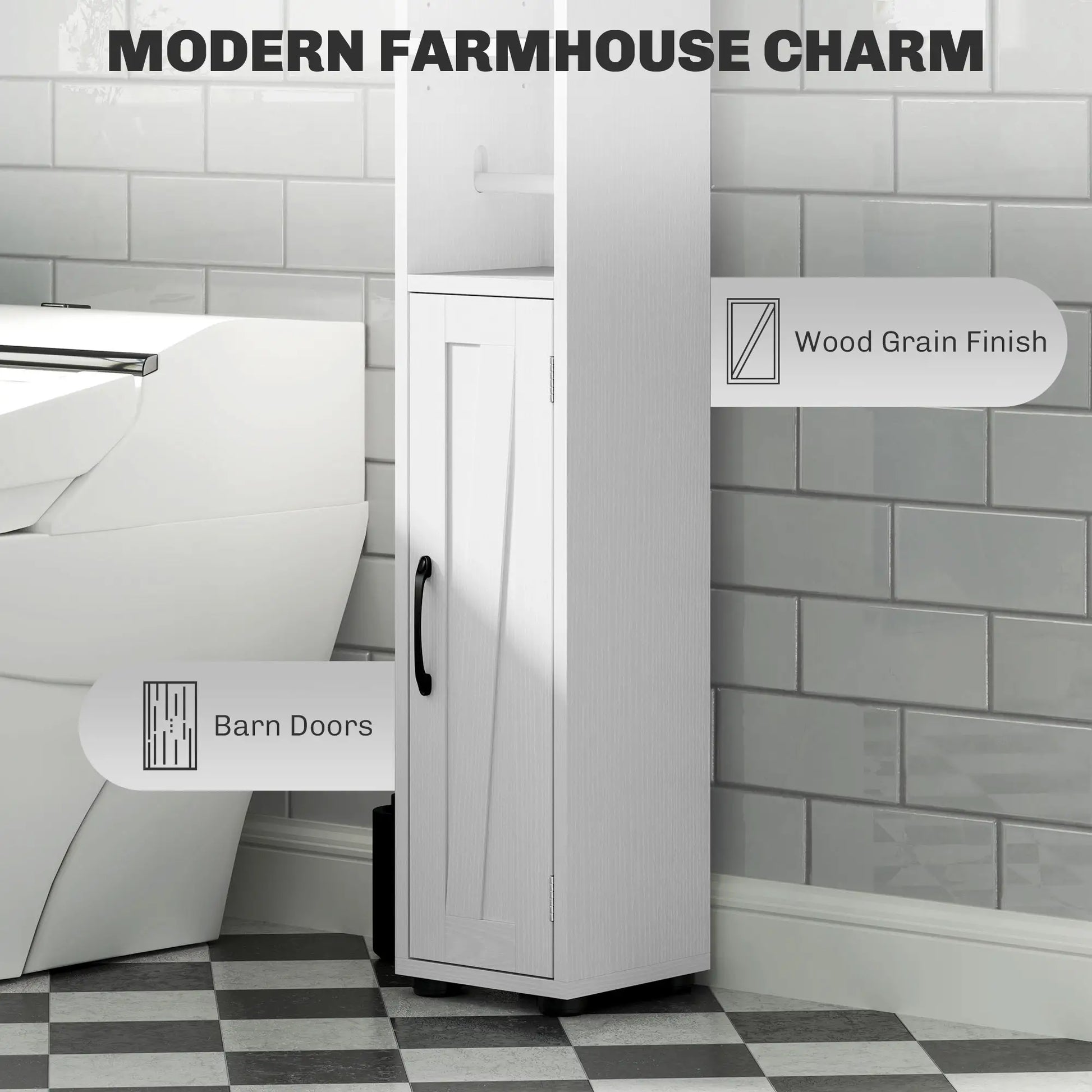 Narrow Bathroom Cabinet, Tall Storage with Barn Doors, Drawer, Adjustable Shelves, Wood Grain, White Bathroom Cabinets at Gallery Canada