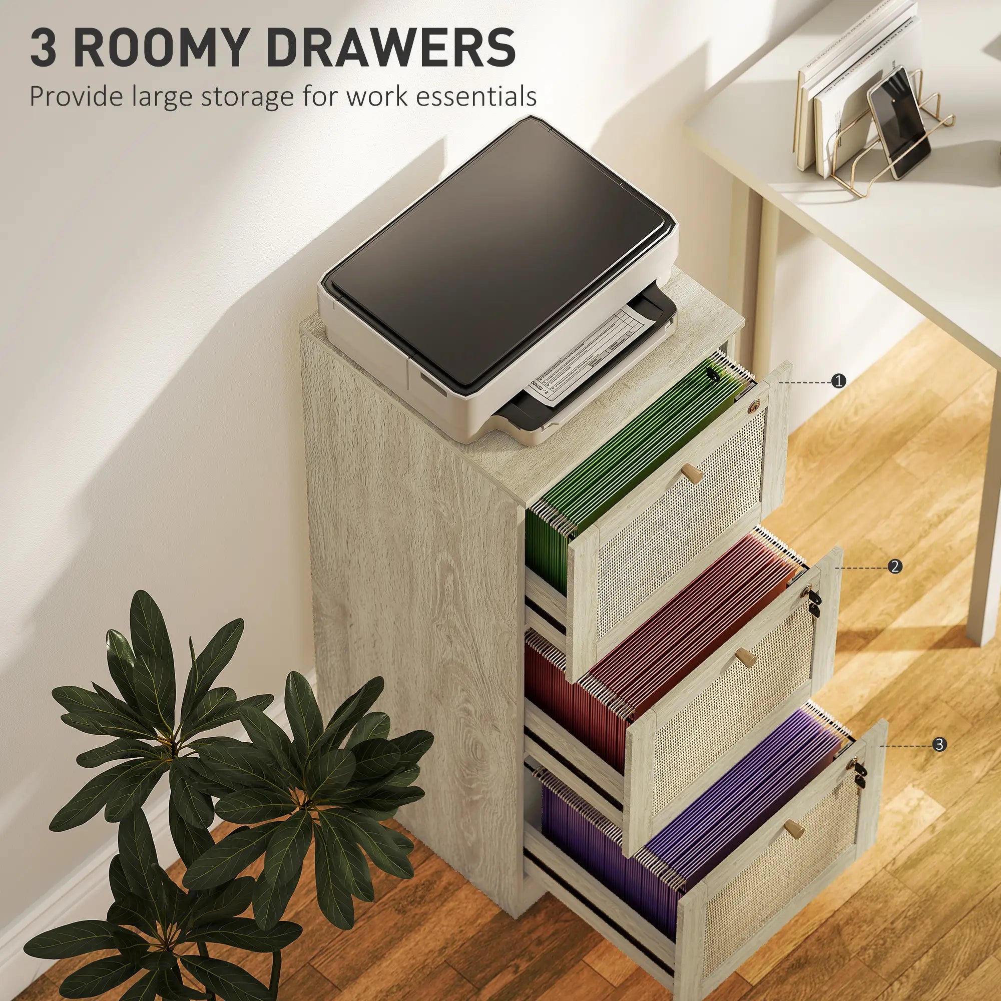 3 Drawer Filing Cabinet with Lock, Boho File Cabinet, A4 Letter Size, Oak Office Cabinets & Cupboards at Gallery Canada