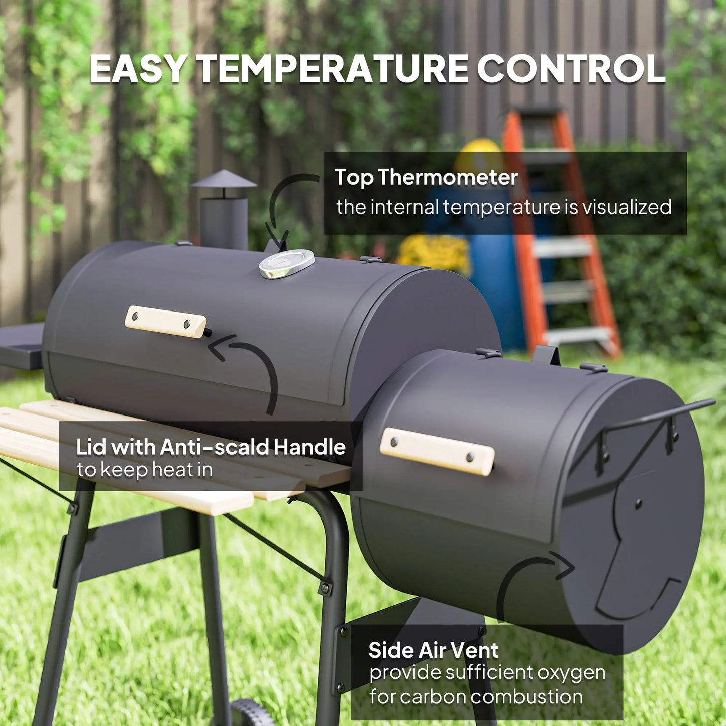 Charcoal BBQ Grill With Offset Smoker, 124 x 53 x 104 cm, Black Charcoal BBQ Grils at Gallery Canada