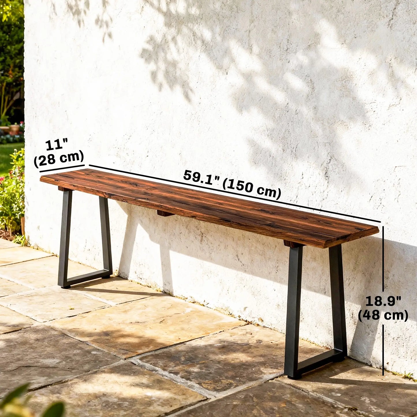 Outdoor Wood Bench For Two, 59" Backless Patio Garden Bench With Steel Legs Outdoor Benches at Gallery Canada