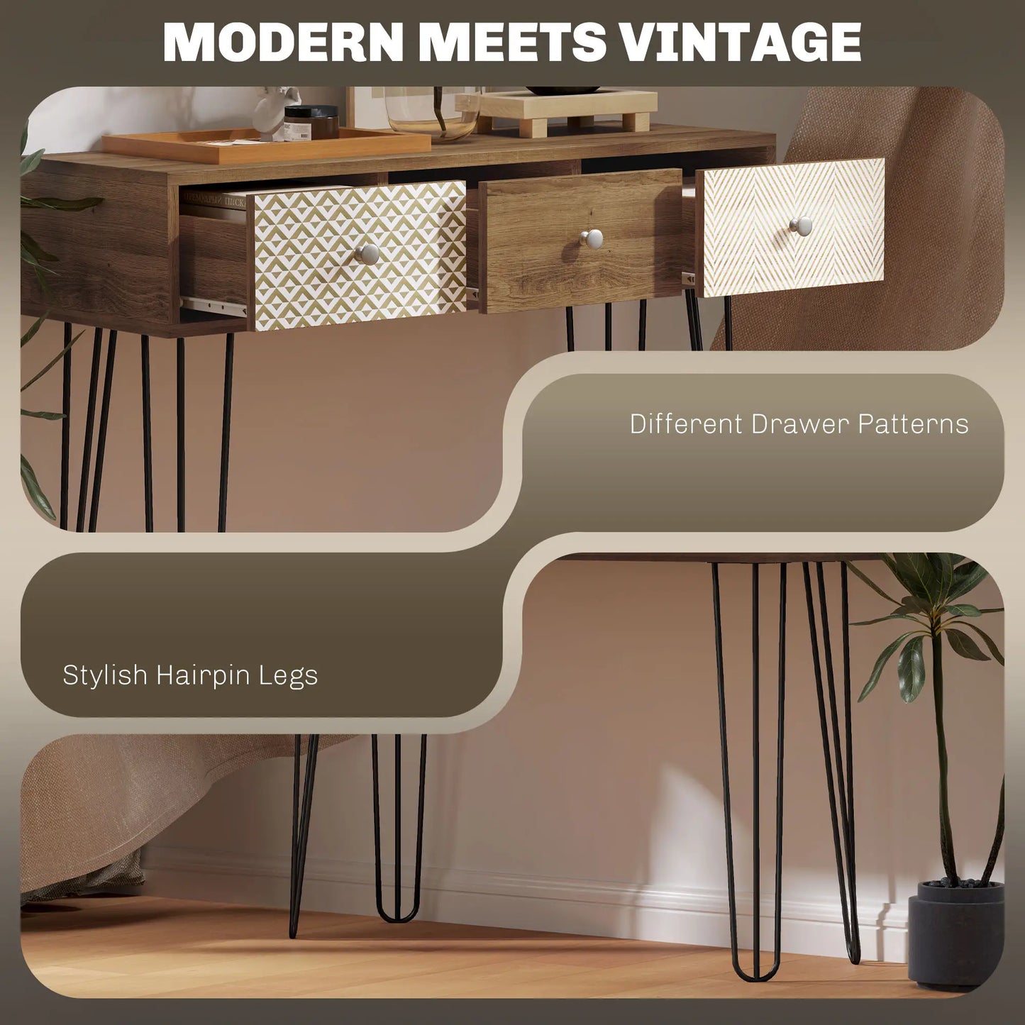 Narrow Console Table with Drawers, 35", Hairpin Legs, Brown Console Tables at Gallery Canada