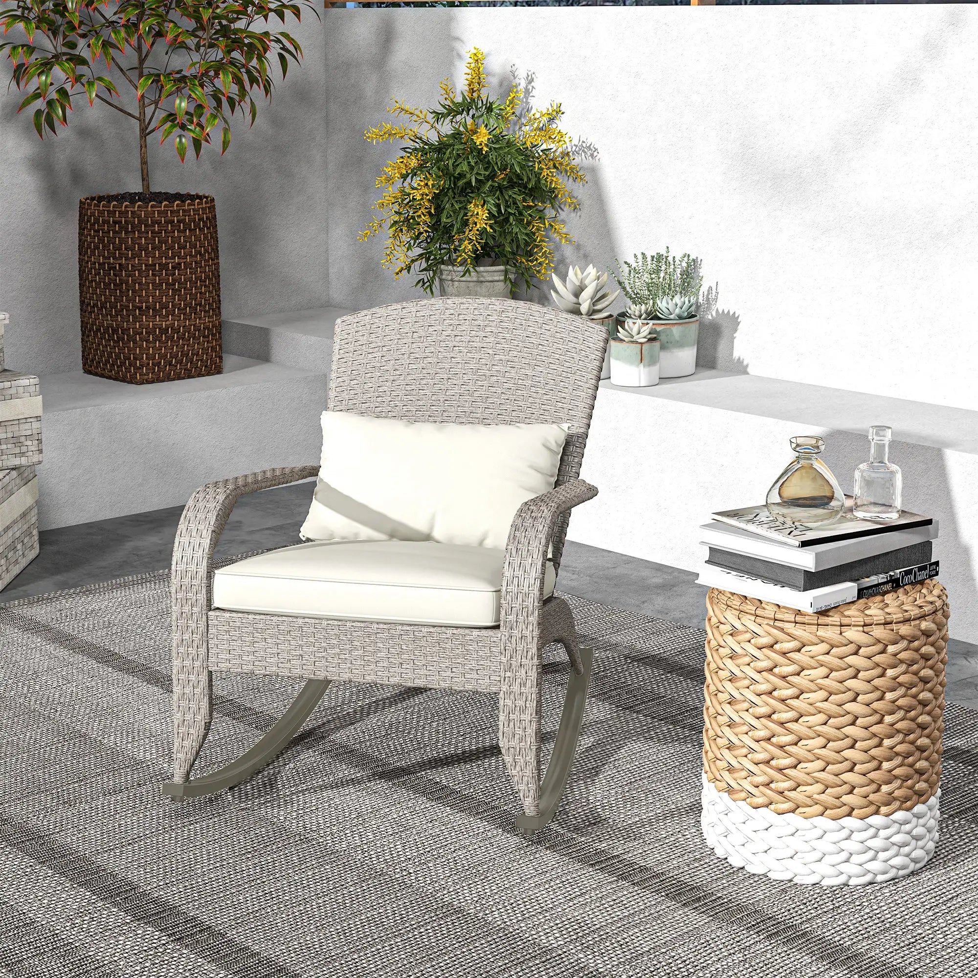 Outdoor Wicker Rocking Chair, High Back, Cream White, Cream White Patio Chairs at Gallery Canada