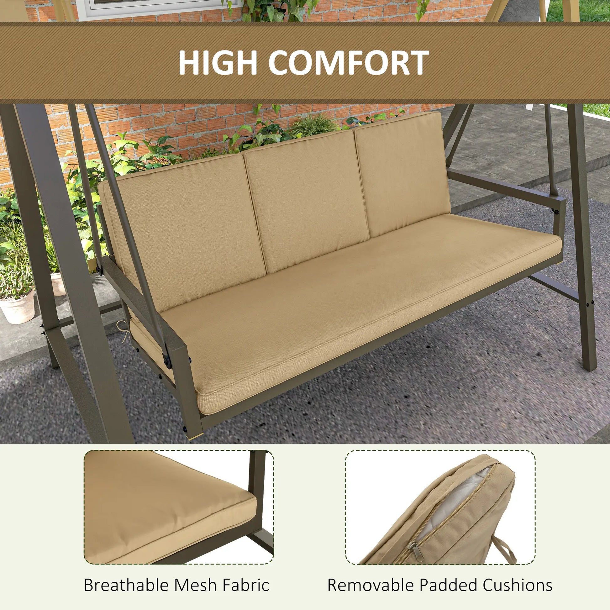 3 Seater Patio Swing Chair, Adjustable Canopy, Removable Cushions, Beige Patio Swings with Stand at Gallery Canada