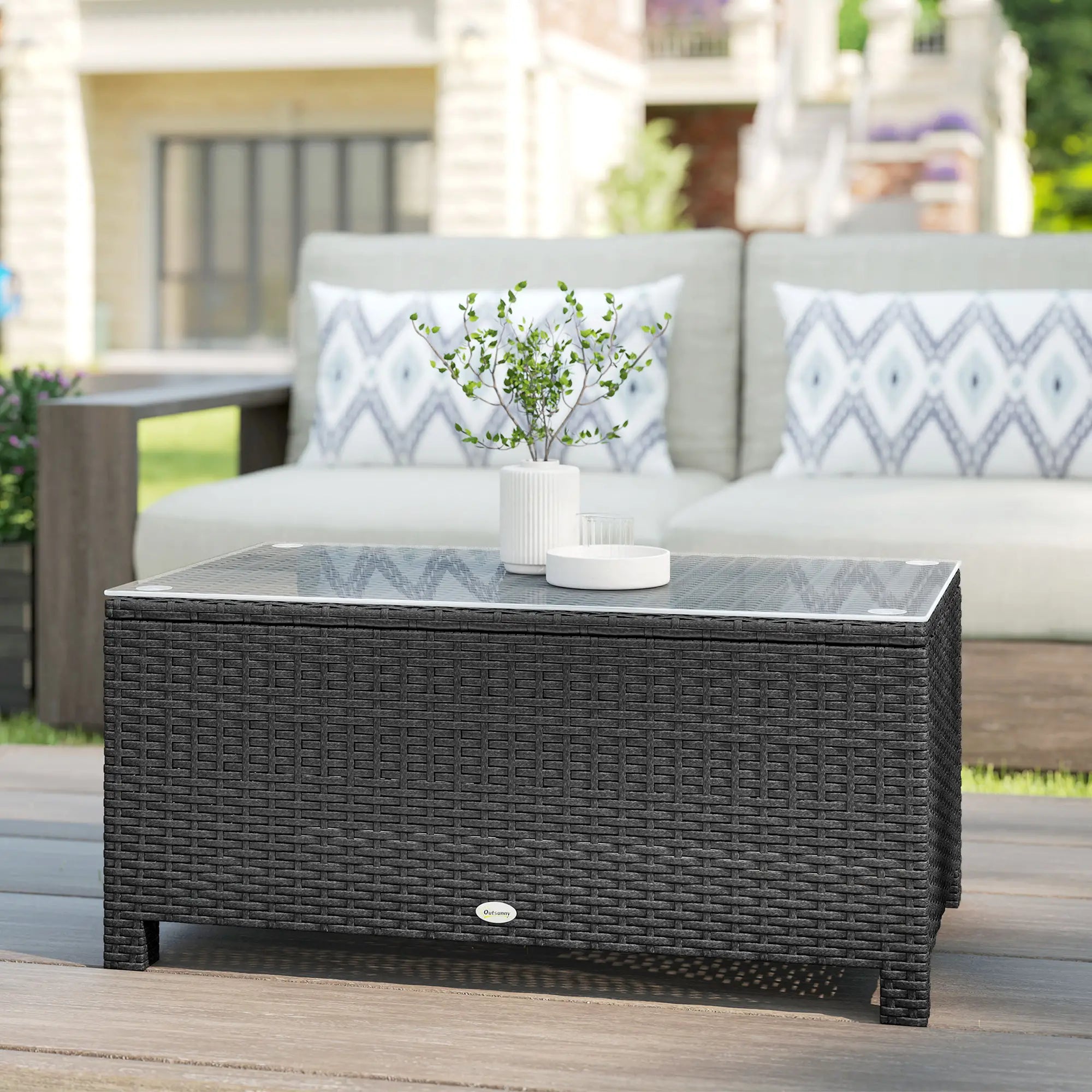PE Wicker Outdoor Coffee Table, Glass Top, Dark Grey Patio Dining Tables at Gallery Canada