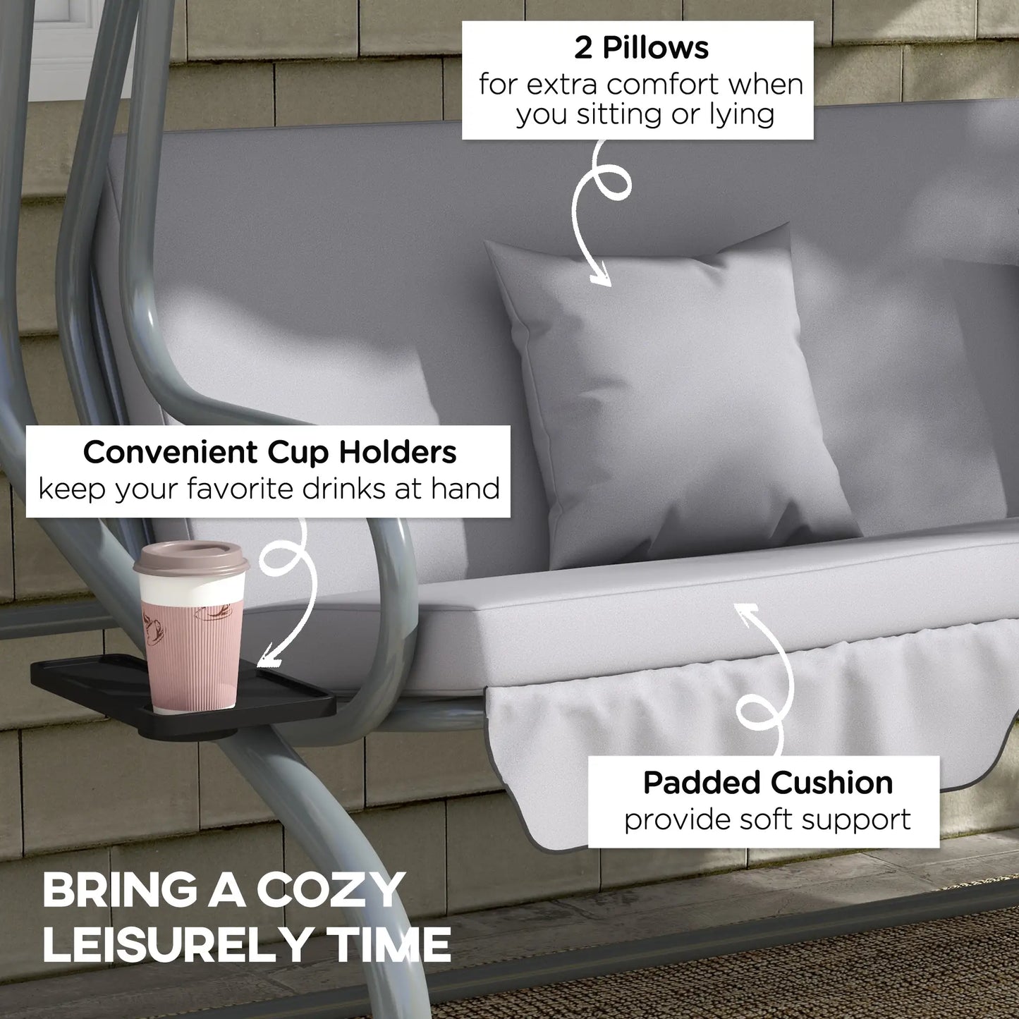3-Seater Patio Swing Chair, Adjustable Canopy, 2 Pillows, Light Grey Porch Swings with Canopy at Gallery Canada