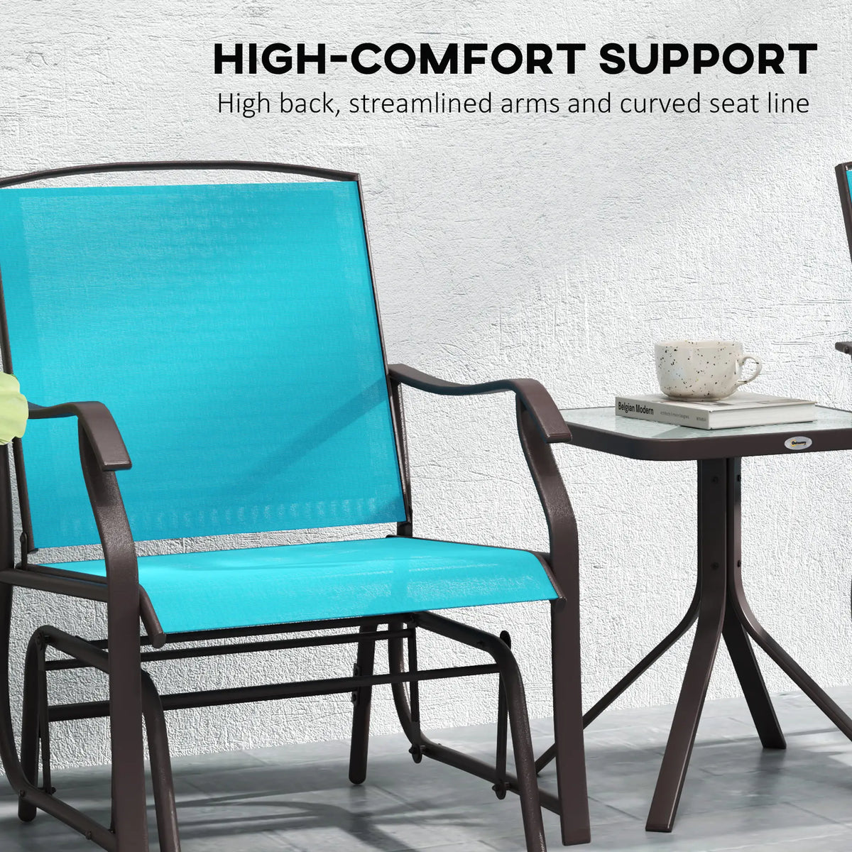 3 Piece Patio Glider Set, Breathable Mesh Seat, Glass Top Table, Blue Outdoor Gliders at Gallery Canada