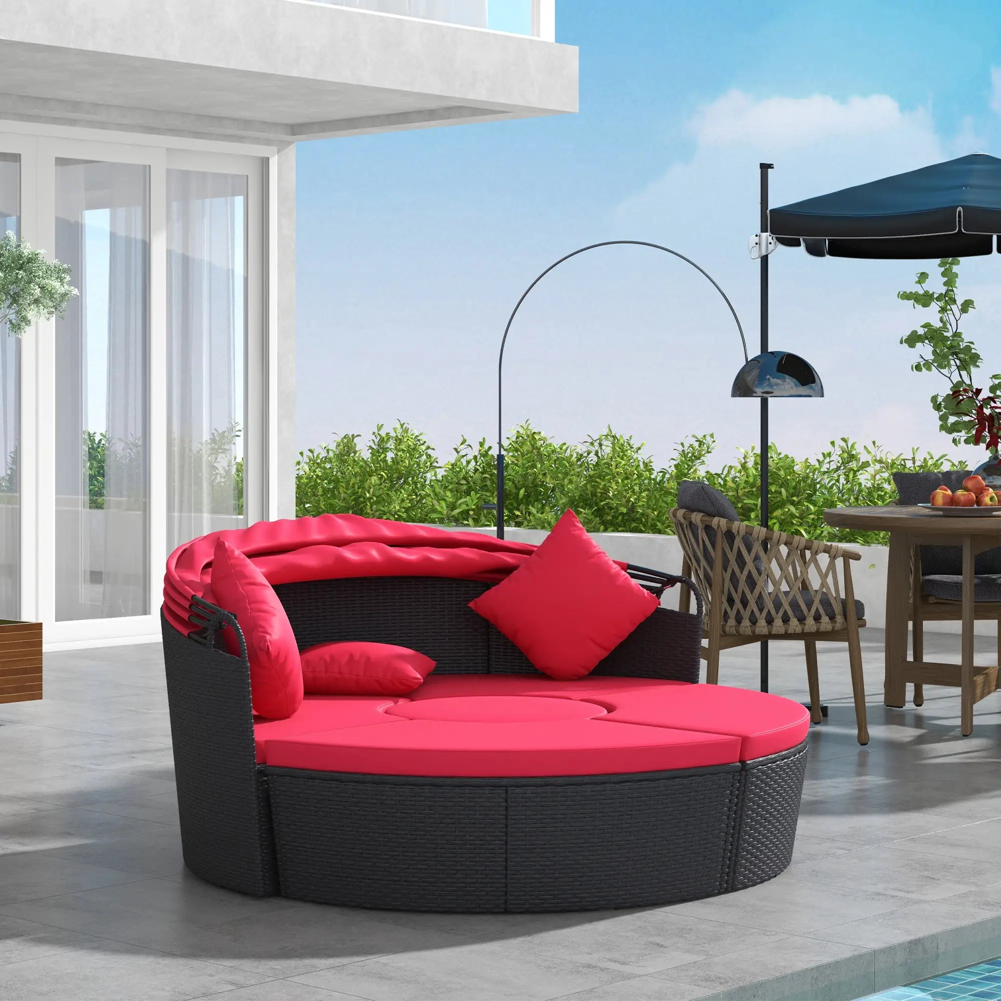 4-Piece Round Sofa Bed, Outdoor Daybed with Canopy, PE Rattan Wicker Lounge Chair Daybeds at Gallery Canada