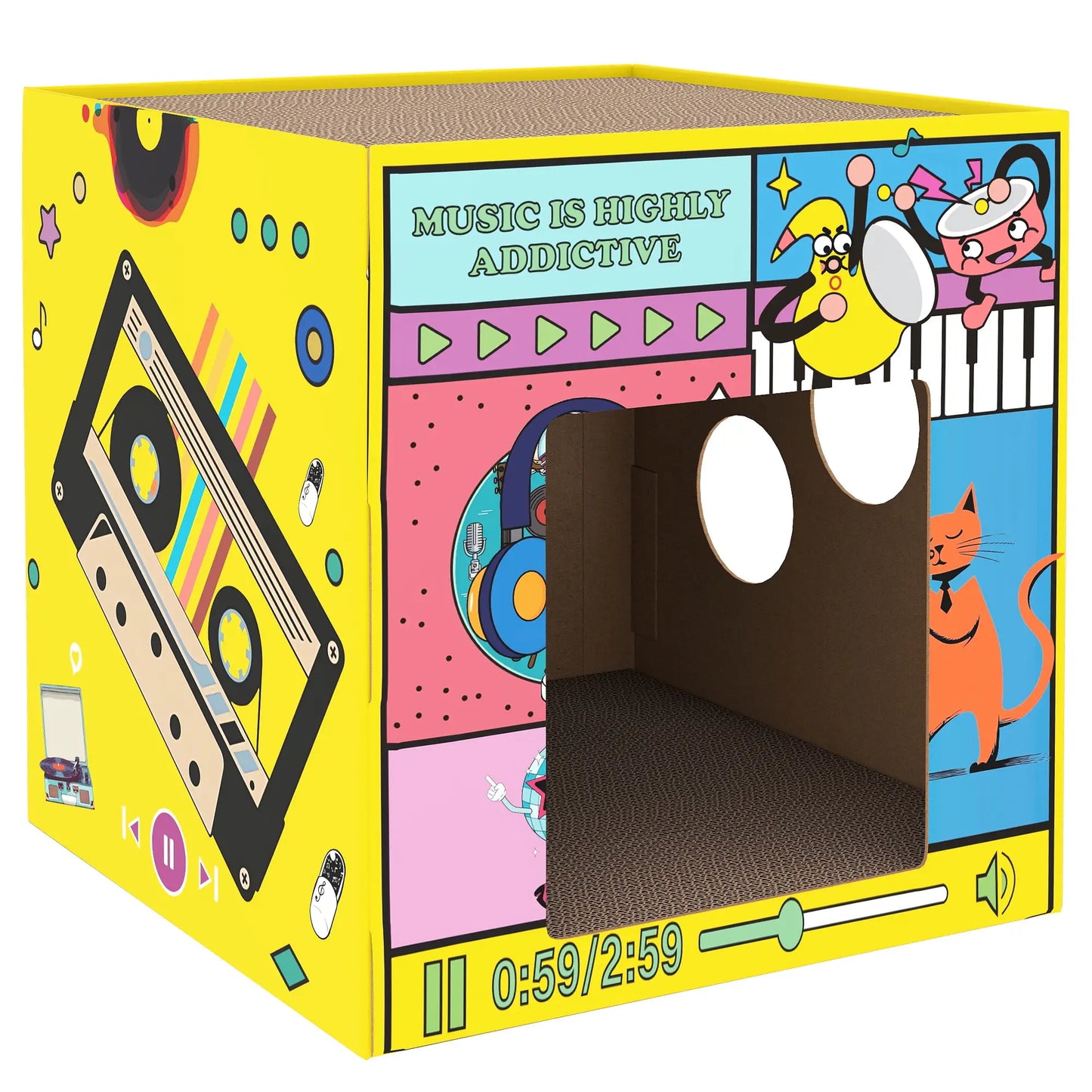 2 in 1 Cardboard Cat House, Cat Scratcher with Scratching Board Cat Houses Yellow, Multicolour at Gallery Canada