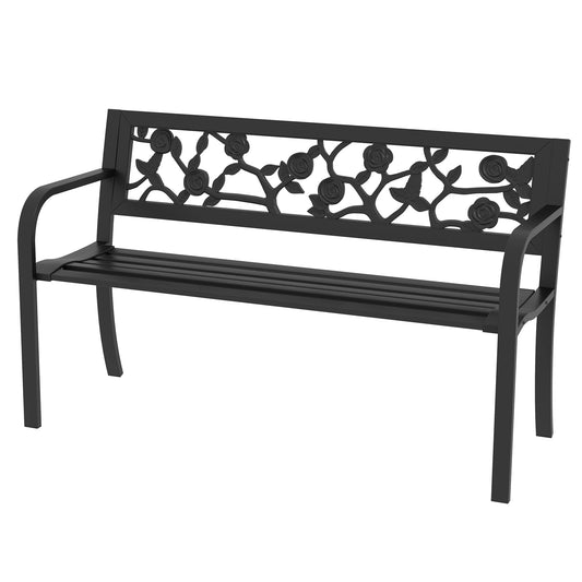 50" Outdoor Bench, Metal Frame Patio Loveseat, Floral Backrest, Black Outdoor Benches Black at Gallery Canada