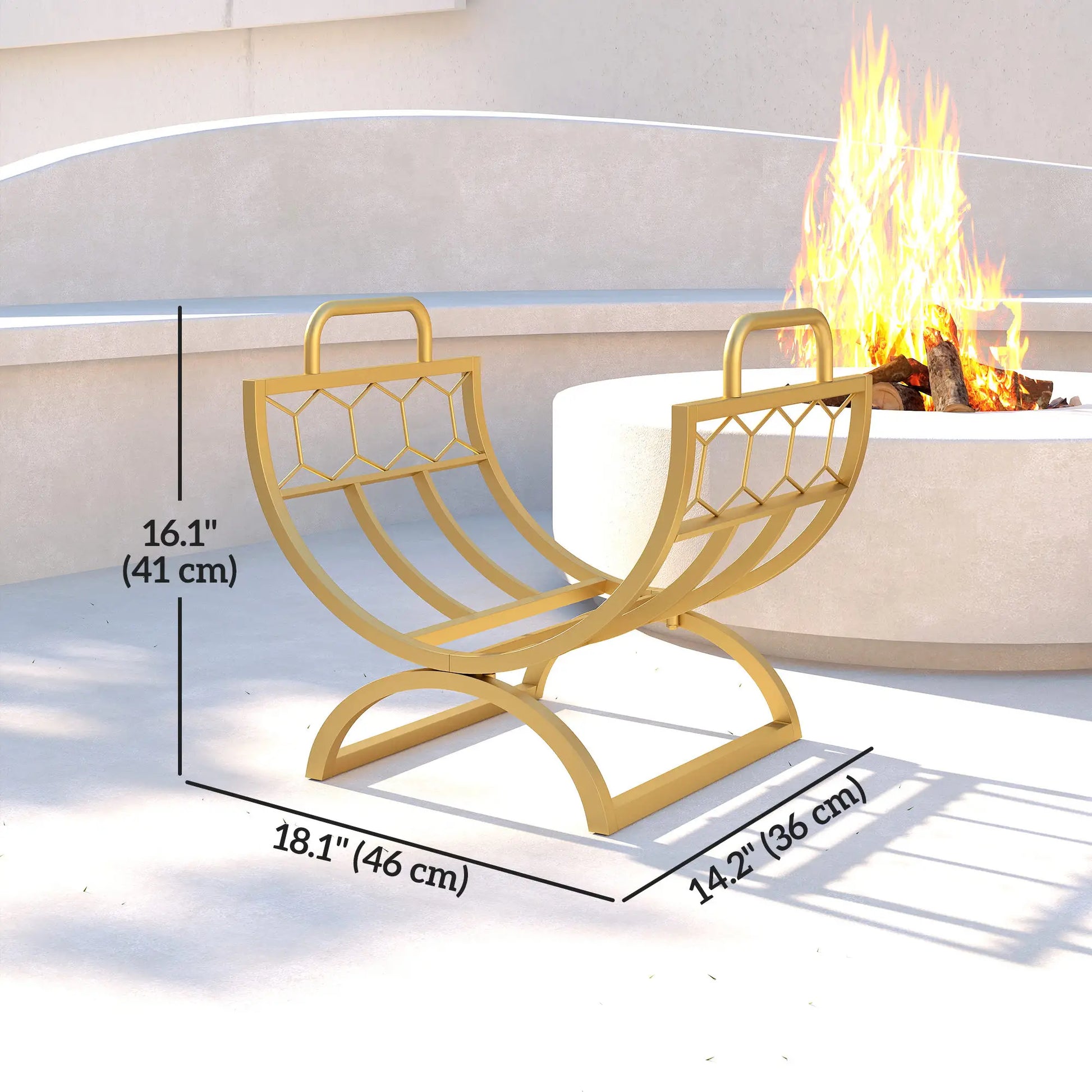 Firewood Rack, Heavy Duty Log Holder with Handles, 18" x 14" x 16", Gold Firewood Racks at Gallery Canada