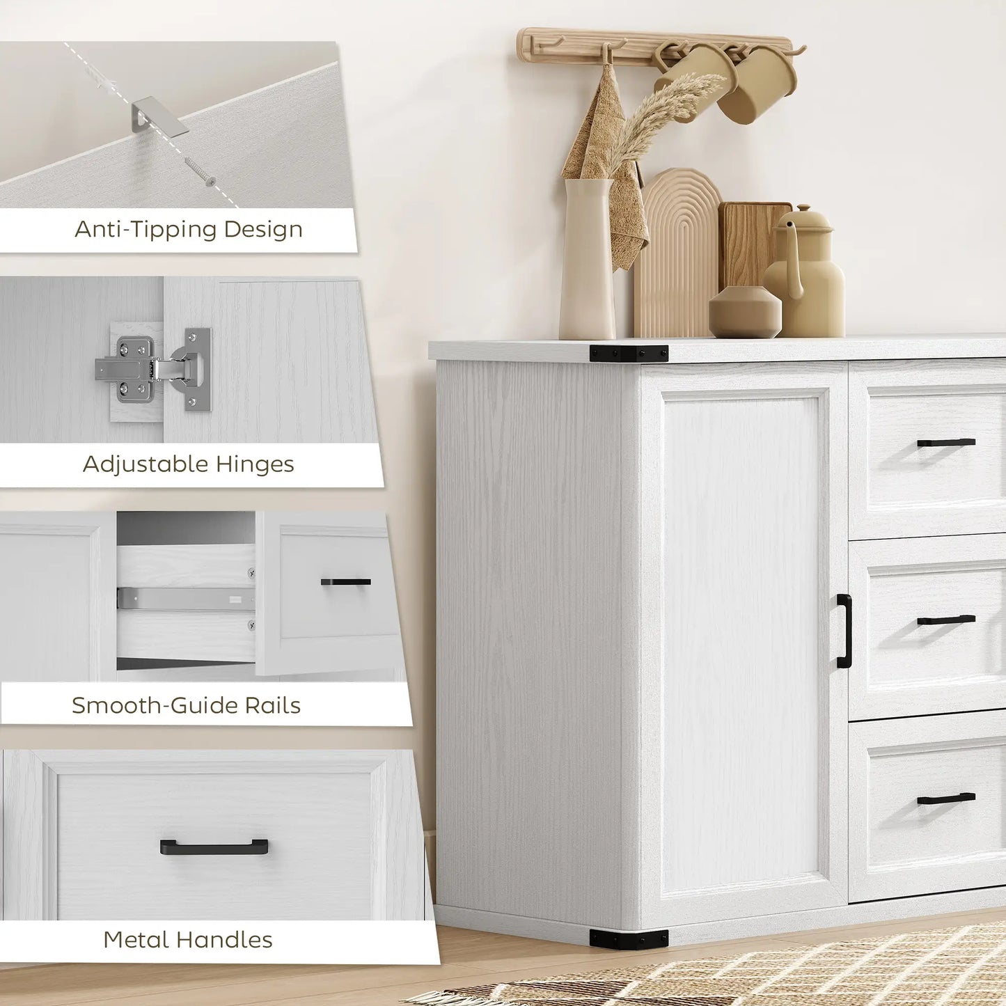 Sideboard With 3 Drawers, 2 Doors, 47" Buffet Cabinet, White Wood Grain, White Storage Cabinets at Gallery Canada