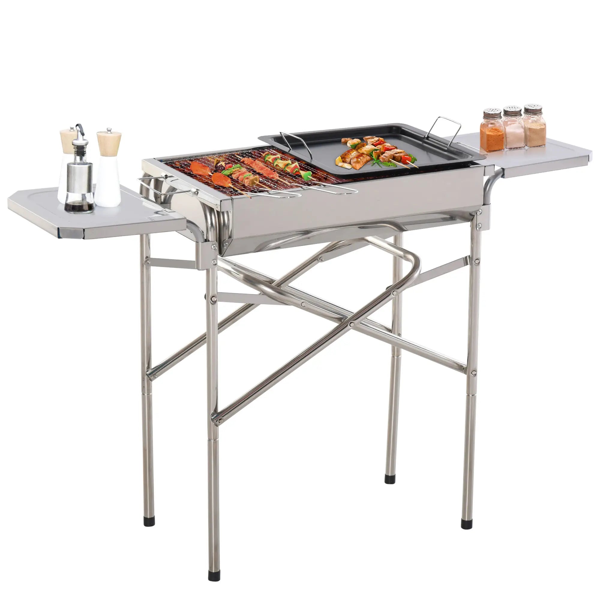 Portable Charcoal BBQ Grill, Stainless Steel Smoker, Camping Cooking