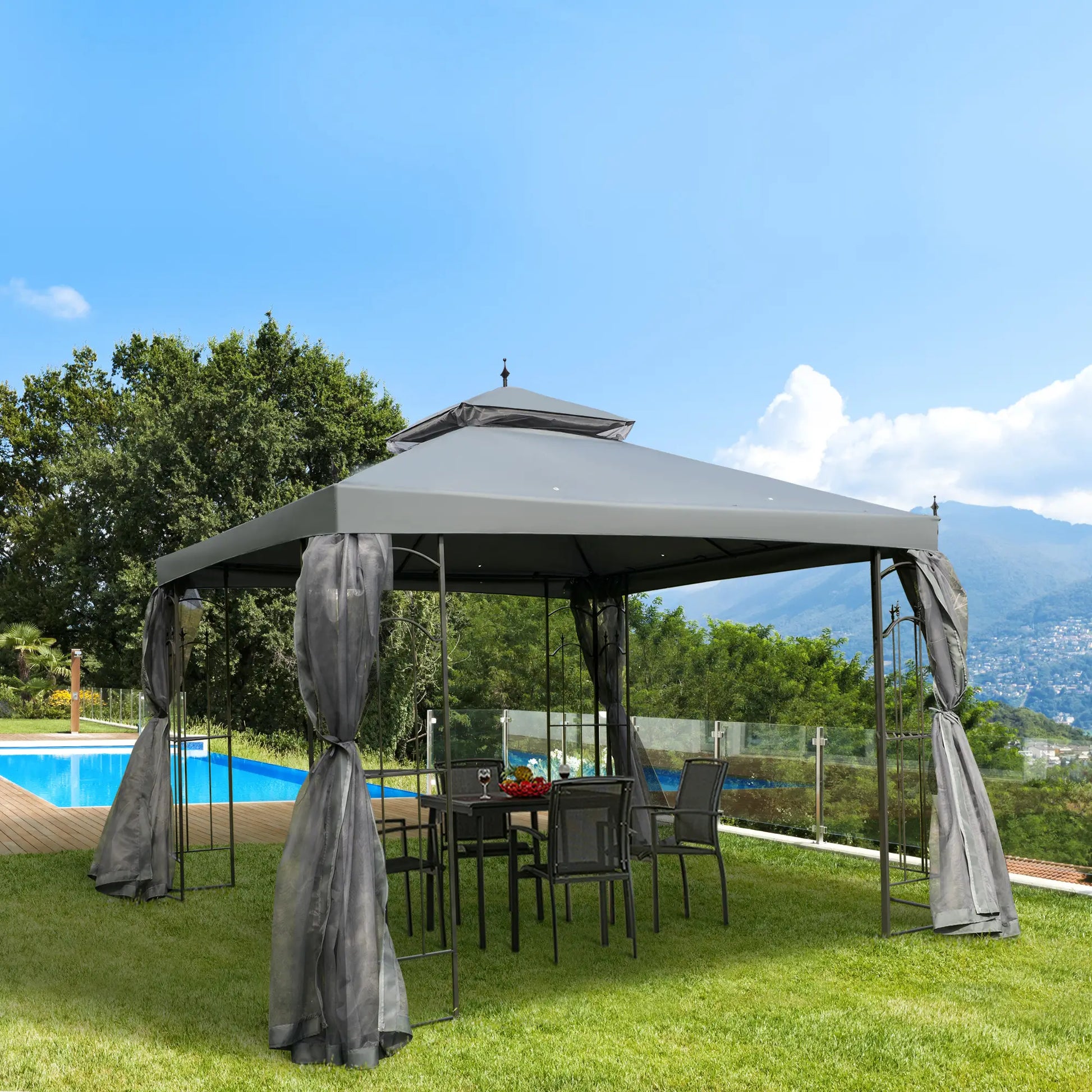 10' x 10' Steel Outdoor Gazebo, Removable Mesh Curtains, Grey Gazebos at Gallery Canada