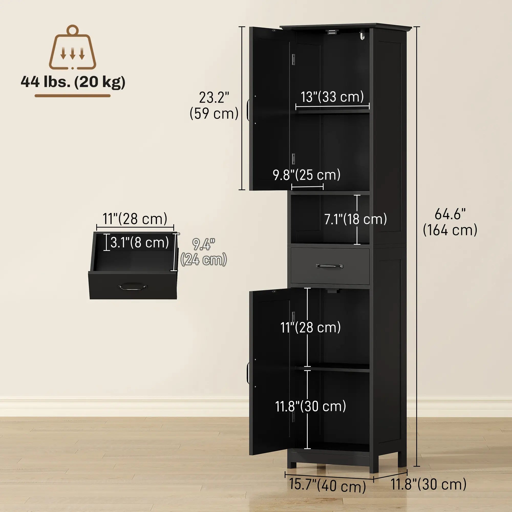 Modern Bathroom Cabinet, Narrow Vanity with Shelf and Drawer, Black Freestanding Bathroom Cabinets at Gallery Canada
