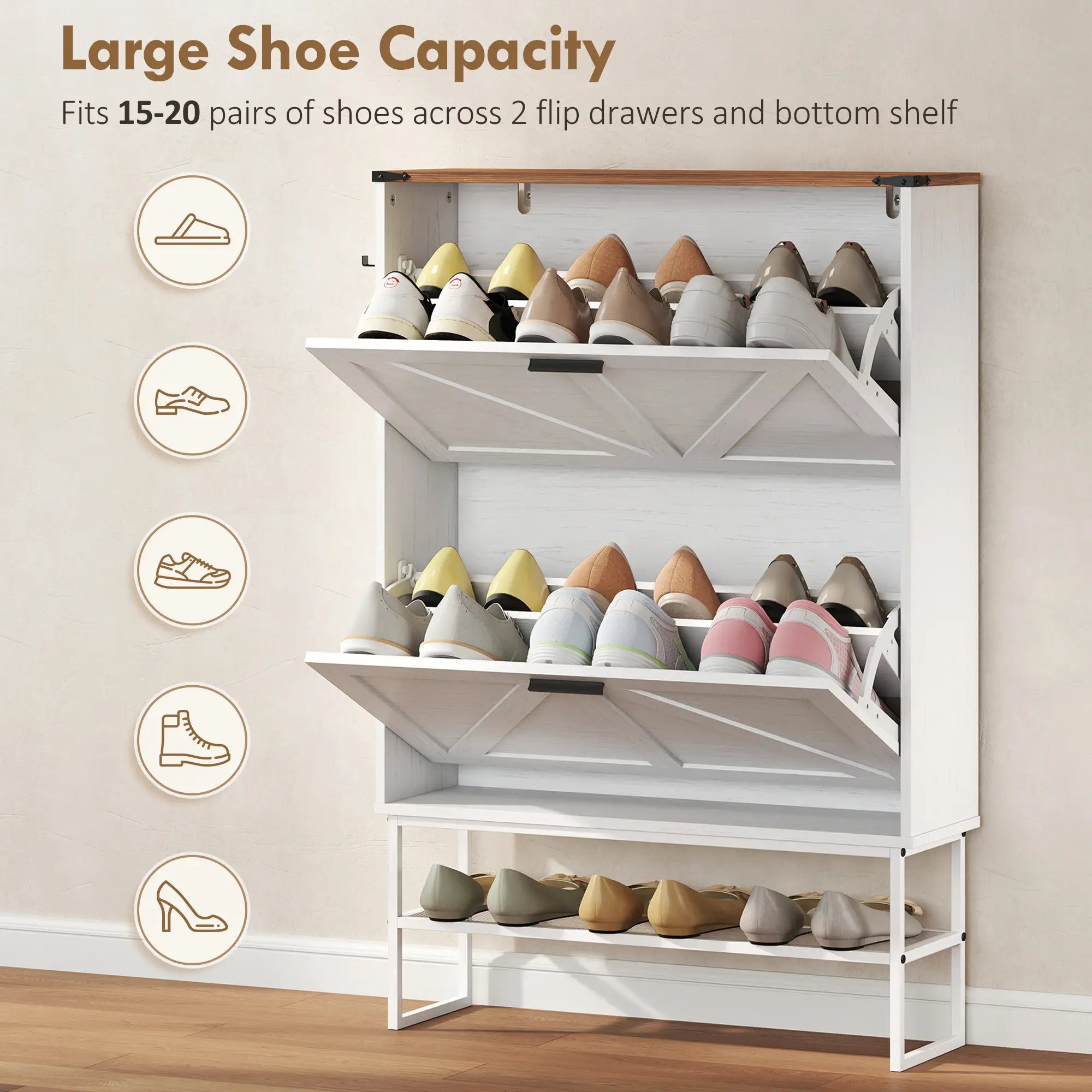 Narrow Shoe Cabinet with 2 Flip Drawers, Slim, White Wood Grain, White Shoe Storage Cabinets & Racks at Gallery Canada