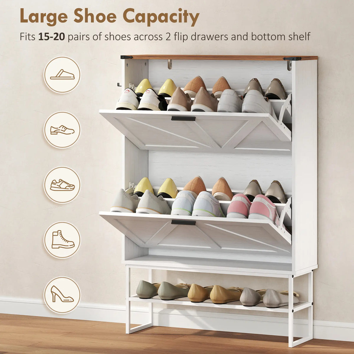 Narrow Shoe Cabinet with 2 Flip Drawers, Slim, White Wood Grain, White Shoe Storage Cabinets & Racks at Gallery Canada