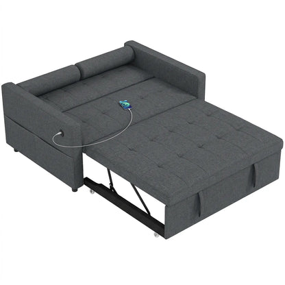Pull Out Sofa Bed With USB Ports, Linen Loveseat Futon, Dark Grey 2-Seater Sofas Dark Grey at Gallery Canada