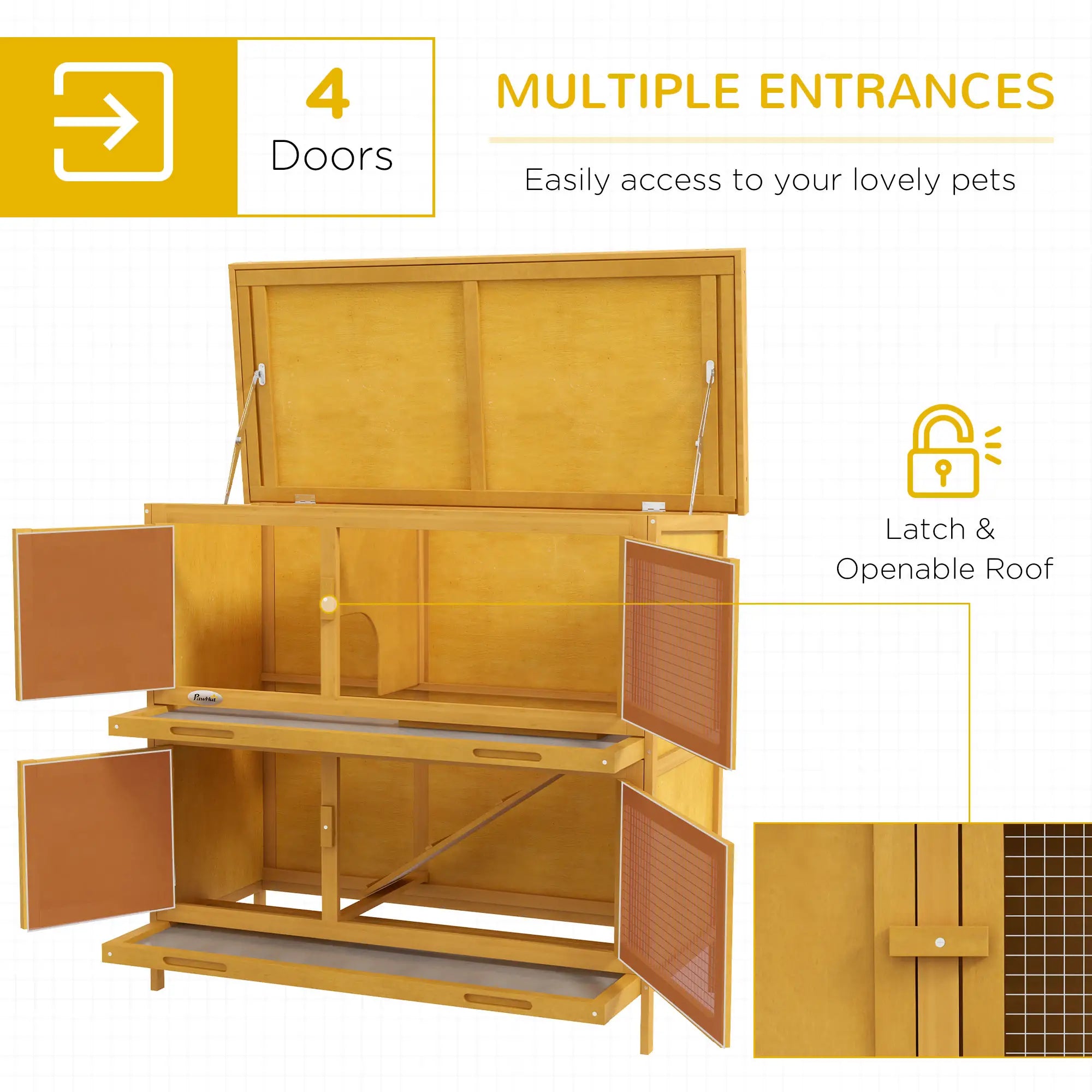 Wood Rabbit Hutch, 2 Large Main House, Ramp, Trays, Yellow Rabbit Hutch at Gallery Canada
