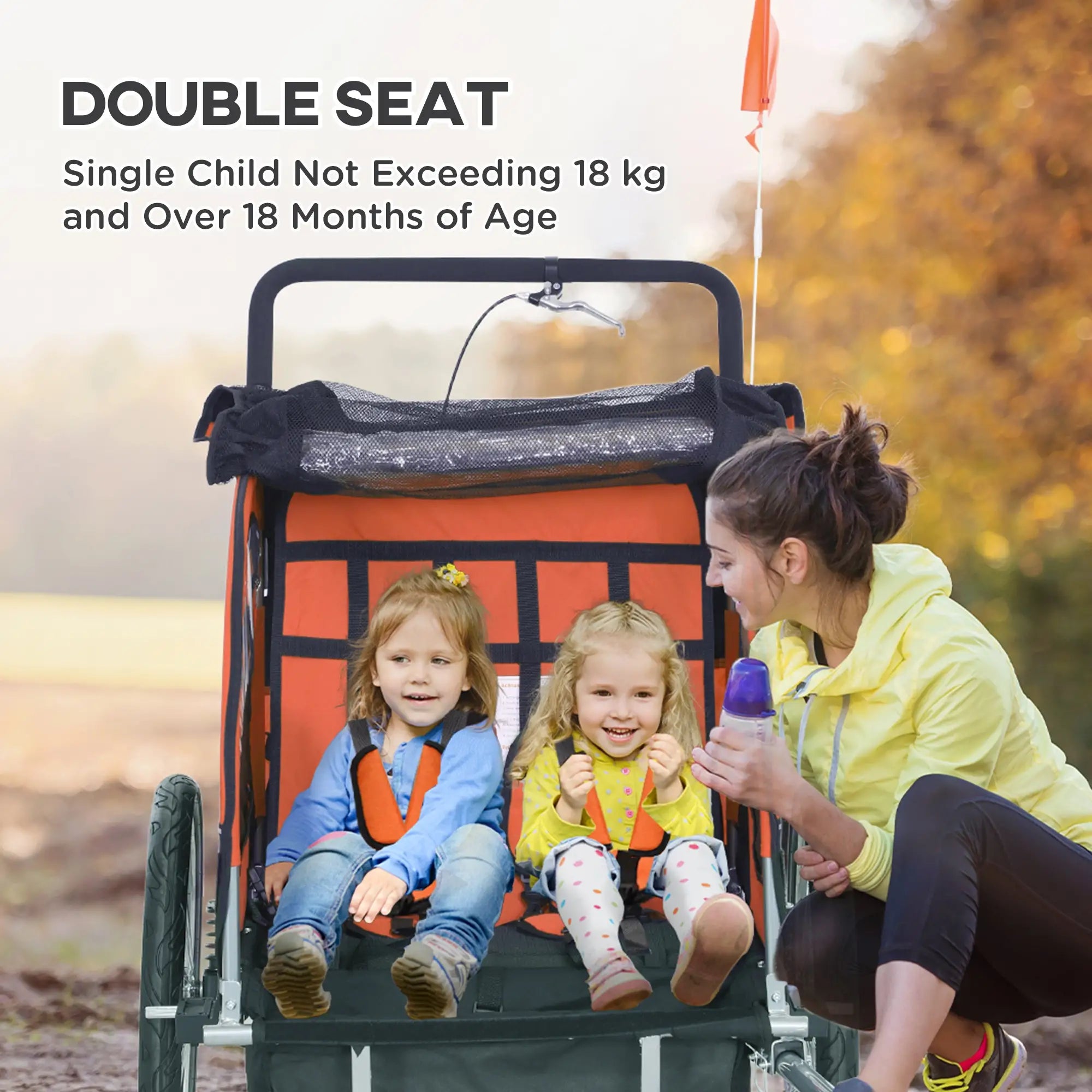 2-in-1 Bike Trailer for Kids, Foldable 2-Seat Baby Stroller with 5-Point Harness, Rubber Wheels, Storage Bag, Orange Kids Bike Trailers at Gallery Canada