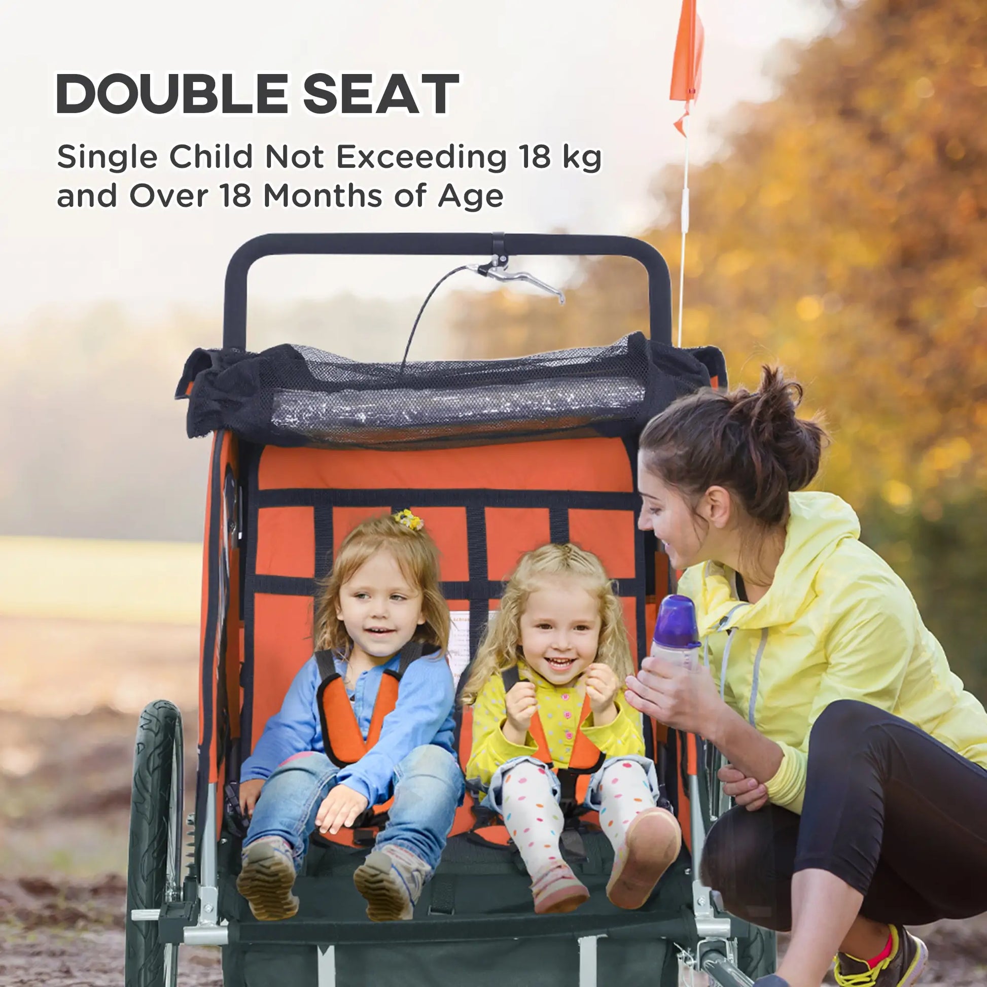 2-in-1 Bike Trailer for Kids, Foldable 2-Seat Baby Stroller with 5-Point Harness, Rubber Wheels, Storage Bag, Orange Kids Bike Trailers at Gallery Canada