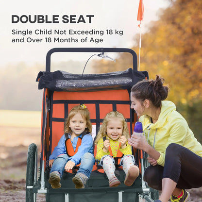 2-in-1 Bike Trailer for Kids, Foldable 2-Seat Baby Stroller with 5-Point Harness, Rubber Wheels, Storage Bag, Orange Kids Bike Trailers at Gallery Canada