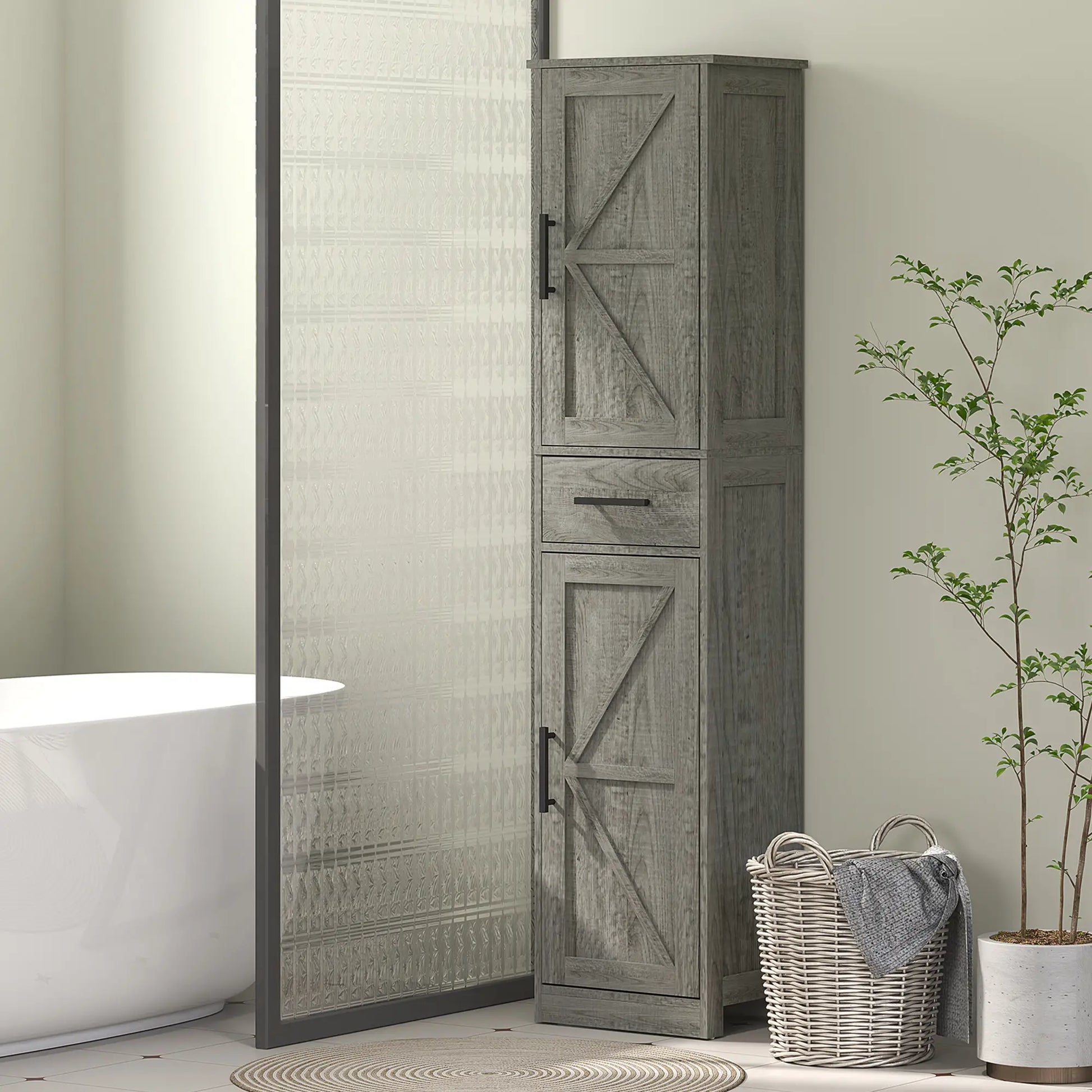 67" Tall Narrow Bathroom Cabinet, Adjustable Shelves, Barn Doors, Dark Grey Bathroom Cabinets at Gallery Canada