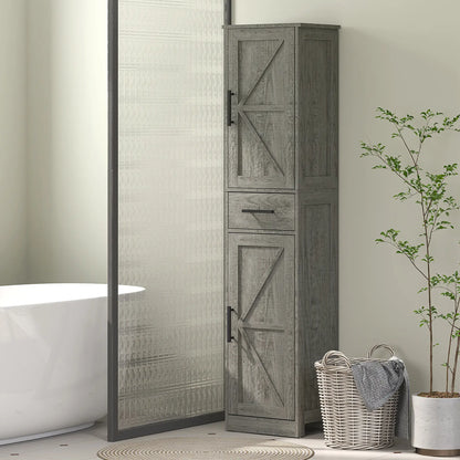 67" Tall Narrow Bathroom Cabinet, Adjustable Shelves, Barn Doors, Dark Grey Bathroom Cabinets at Gallery Canada