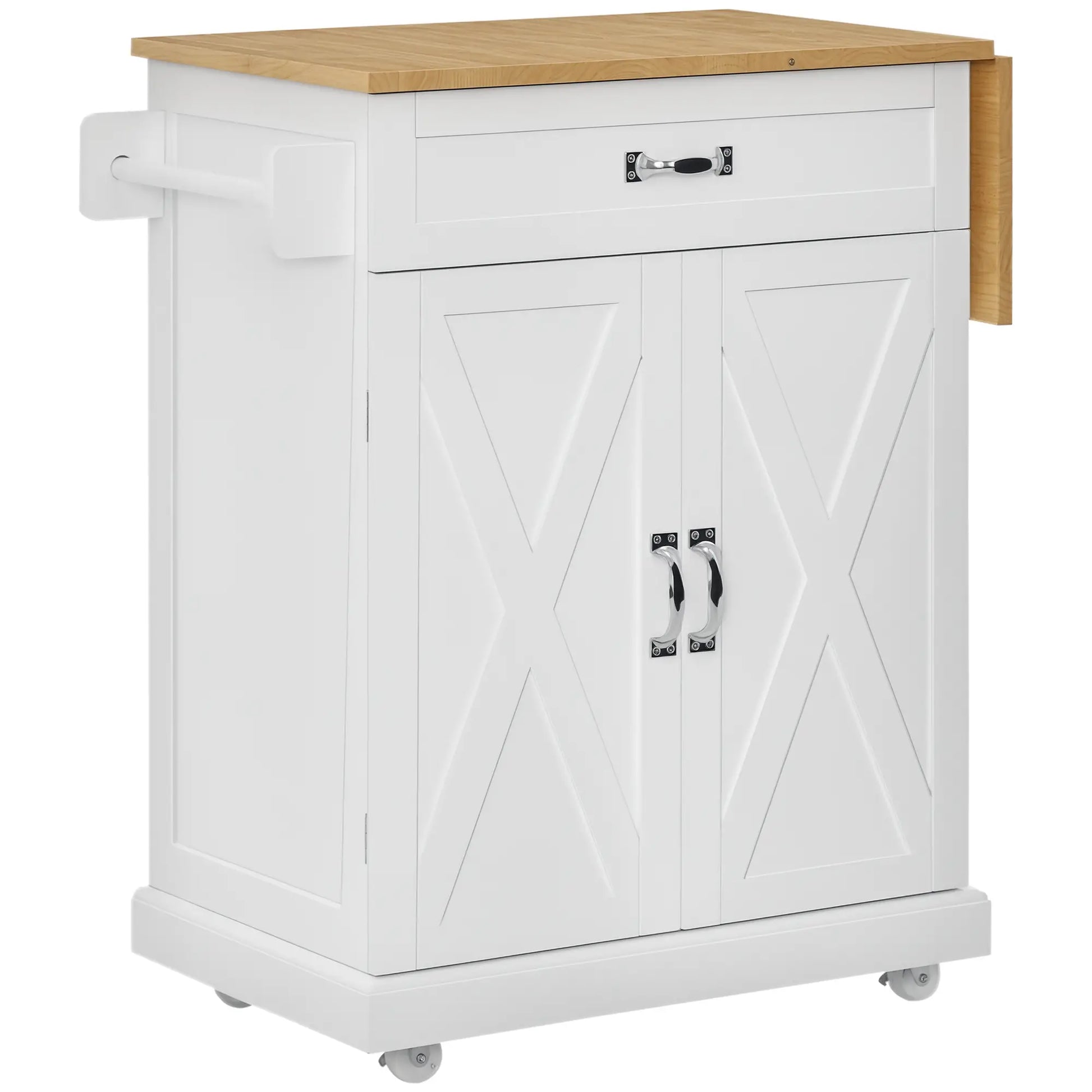 Foldable Kitchen Island with Storage Drawer, Farmhouse Style Rolling Utility Cart, Coffee Bar Cabinet on Wheels with Drop-Leaf Wood Top, White Kitchen Islands & Kitchen Carts at Gallery Canada