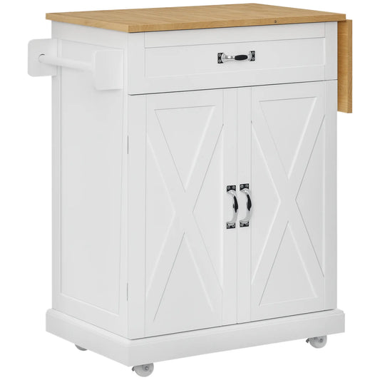 Foldable Kitchen Island with Storage Drawer, Farmhouse Style Rolling Utility Cart, Coffee Bar Cabinet on Wheels with Drop-Leaf Wood Top, White Kitchen Islands & Kitchen Carts White at Gallery Canada