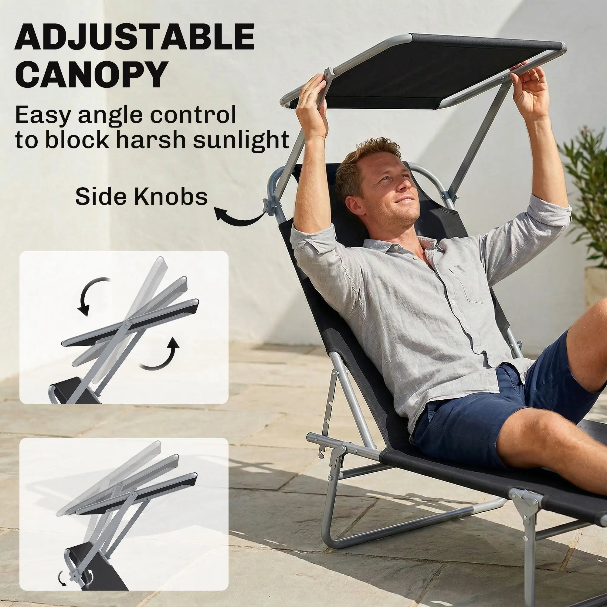 Adjustable Folding Chaise Lounge, Outdoor Tanning Chair with Sun Shade, Black Lounger Chairs at Gallery Canada