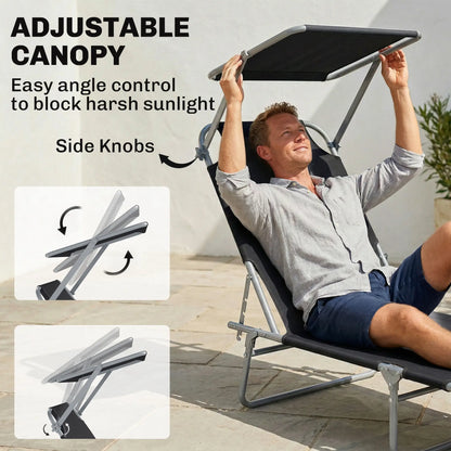 Adjustable Folding Chaise Lounge, Outdoor Tanning Chair with Sun Shade, Black Lounger Chairs at Gallery Canada
