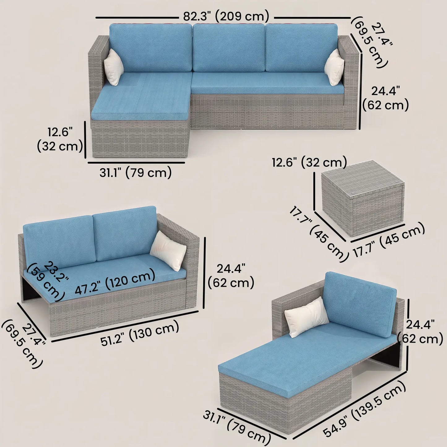 3-Piece Patio Set, Modern Sectional Sofa, Wicker Chair, Blue Patio Furniture Sets at Gallery Canada