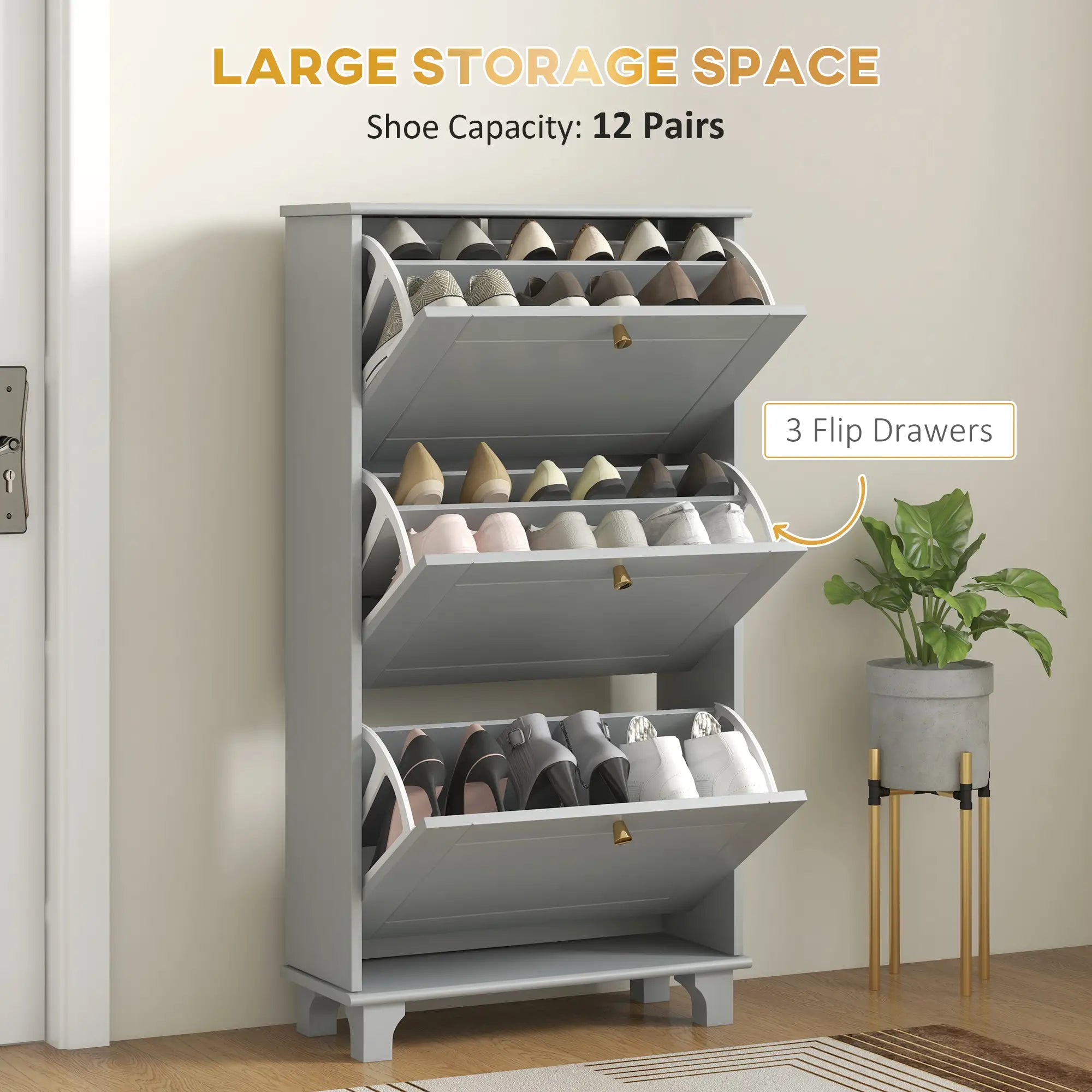 Narrow Shoe Storage, 3 Flip Drawers, Adjustable Shelves, Holds 12 Pairs, Grey Shoe Storage Cabinets & Racks at Gallery Canada