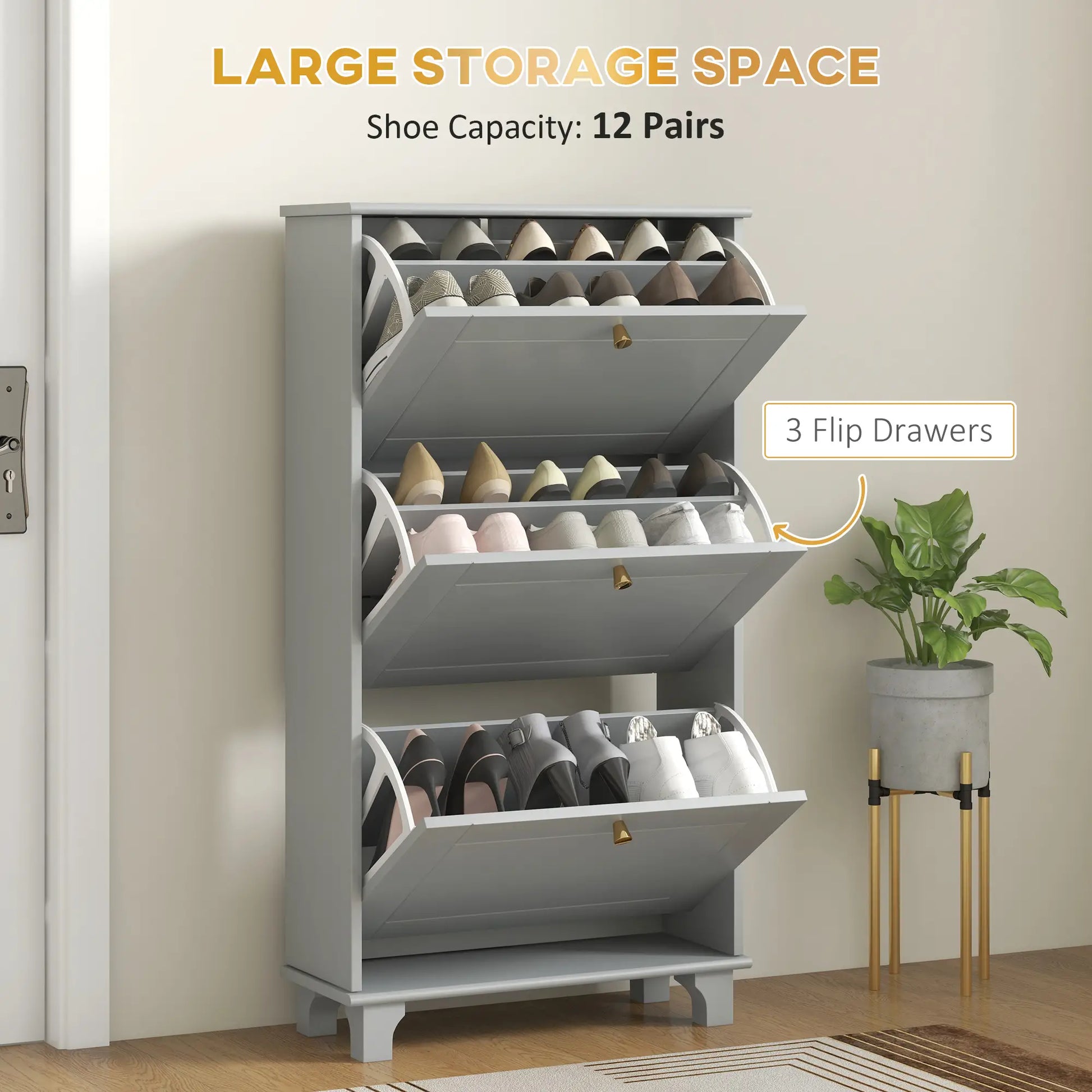 Narrow Shoe Storage, 3 Flip Drawers, Adjustable Shelves, Holds 12 Pairs, Grey Shoe Storage Cabinets & Racks at Gallery Canada